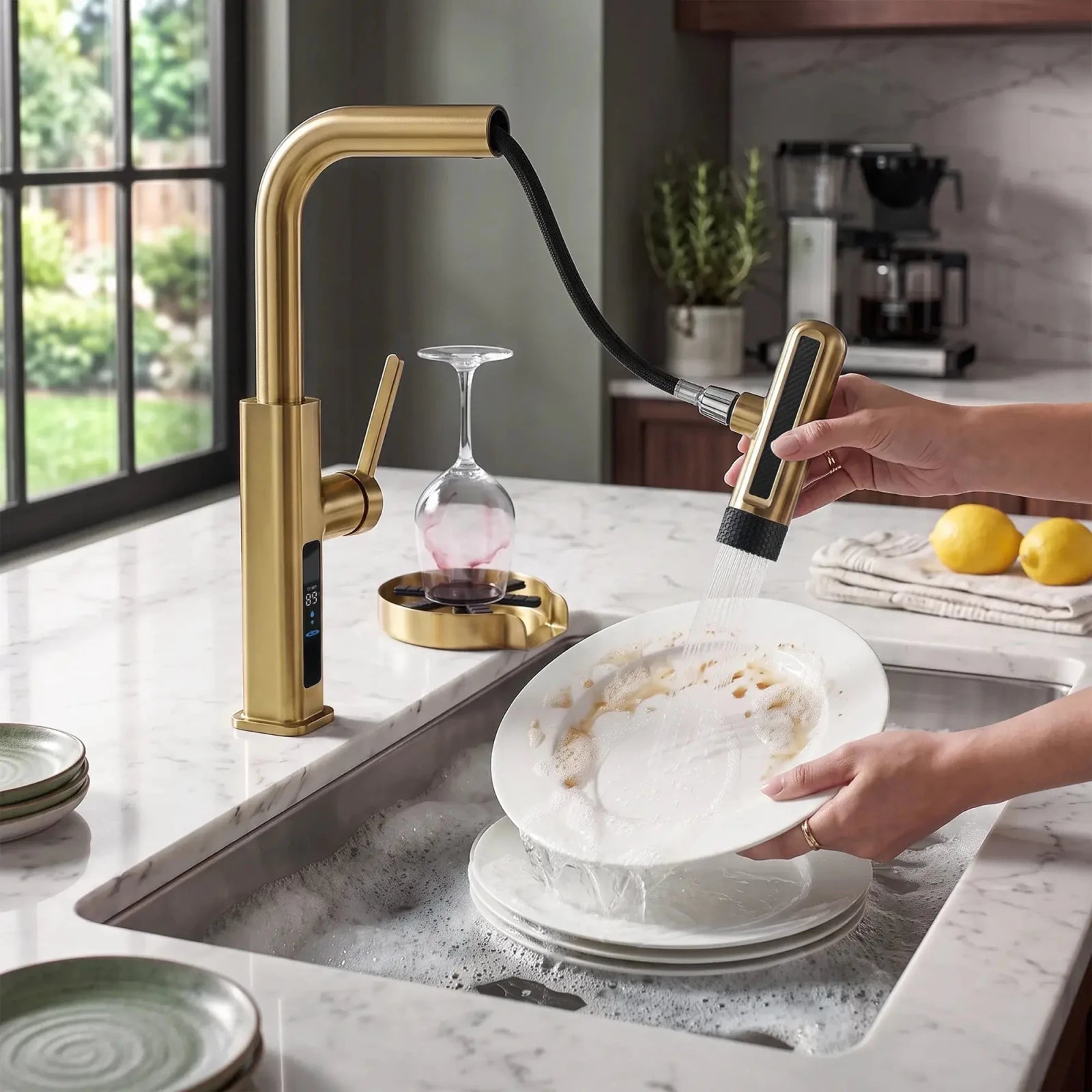 Lefton Touchless Waterfall Kitchen Faucet-KF2209-PRO with Countertop Glass Rinser-KFR2202 -Kitchen Faucets & Glass Rinser- Lefton Home
