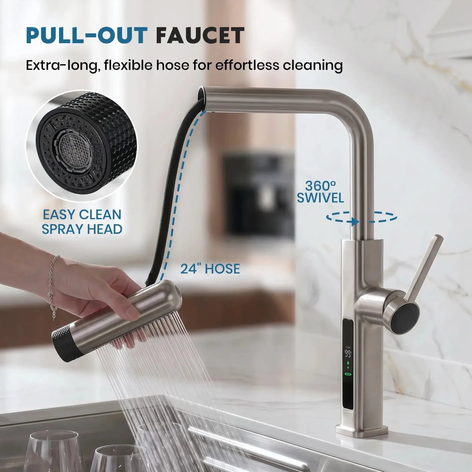 Lefton Touchless Waterfall & Pull - Out Kitchen Faucet with Temperature Display & 6 - Mode Spray - KF2209 - PRO - Kitchen Faucets - Lefton Home