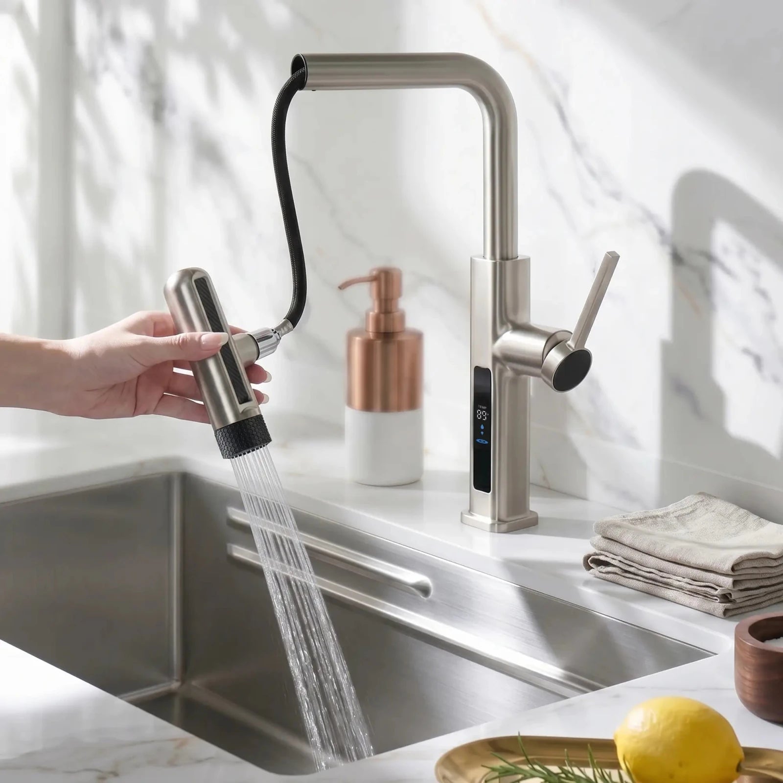 Lefton Touchless Waterfall & Pull - Out Kitchen Faucet with Temperature Display & 6 - Mode Spray - KF2209 - PRO - Kitchen Faucets - Lefton Home