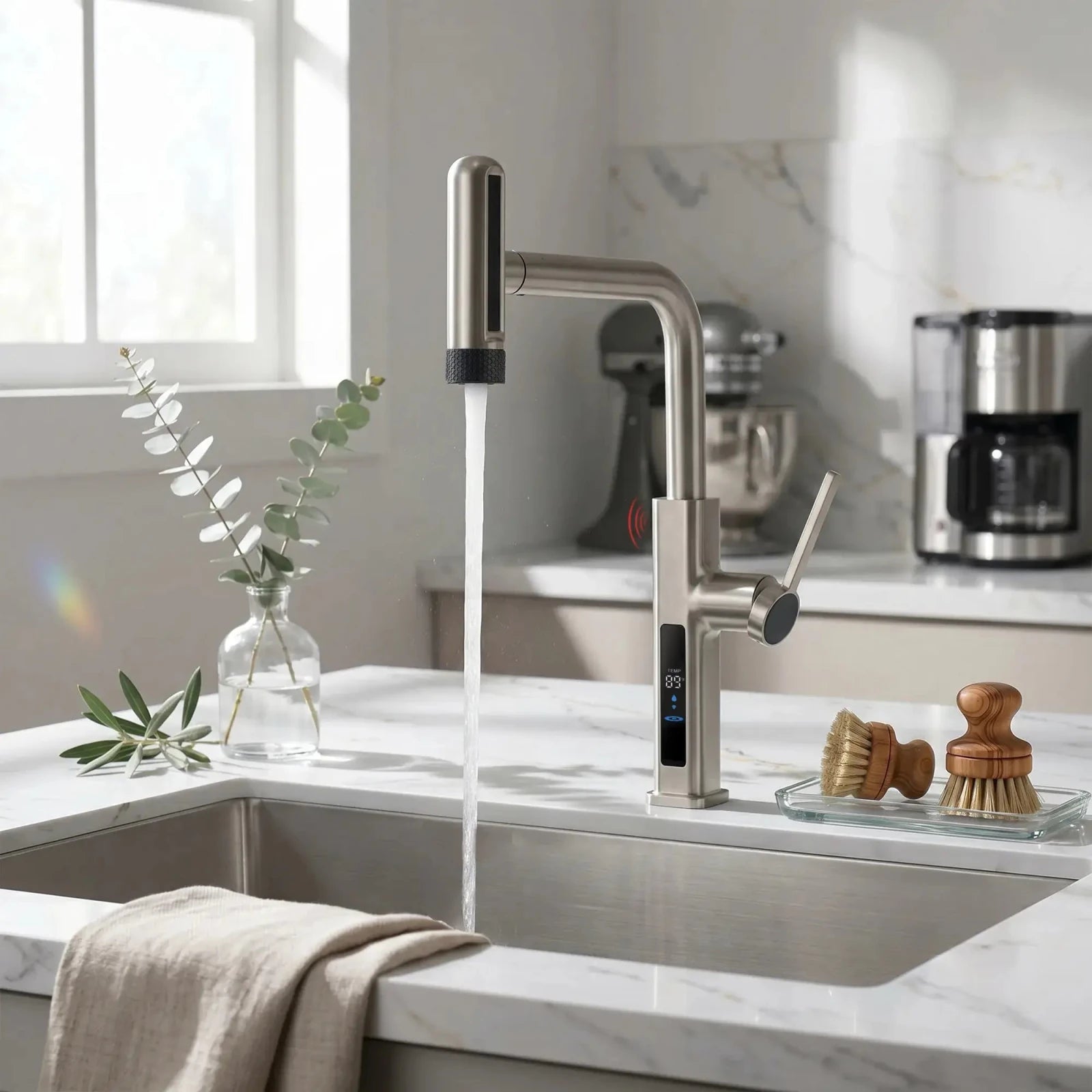 Lefton Touchless Waterfall & Pull - Out Kitchen Faucet with Temperature Display & 6 - Mode Spray - KF2209 - PRO - Kitchen Faucets - Lefton Home