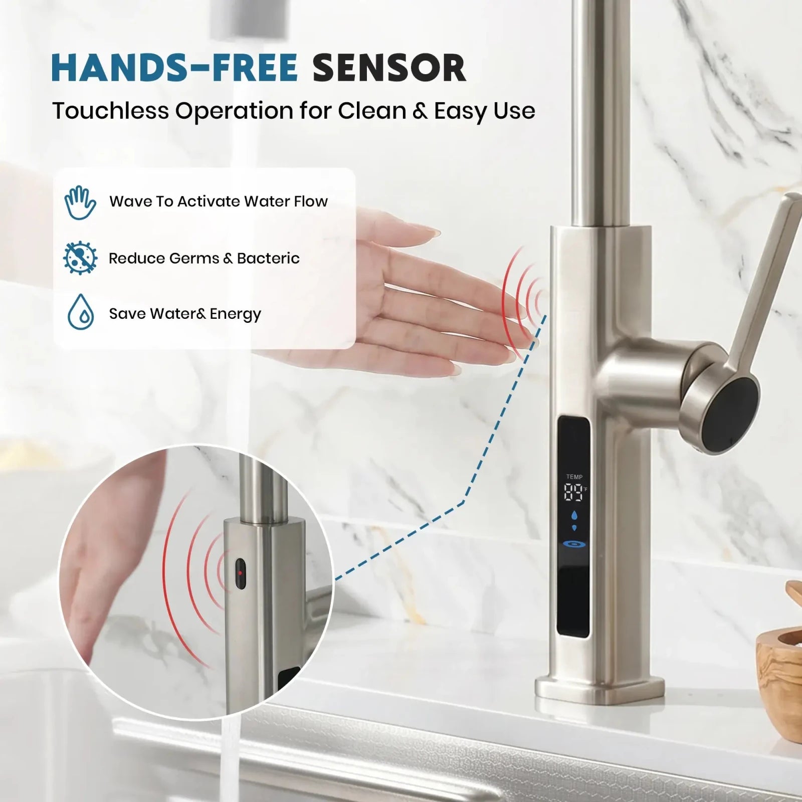 Lefton Touchless Waterfall & Pull - Out Kitchen Faucet with Temperature Display & 6 - Mode Spray - KF2209 - PRO - Kitchen Faucets - Lefton Home