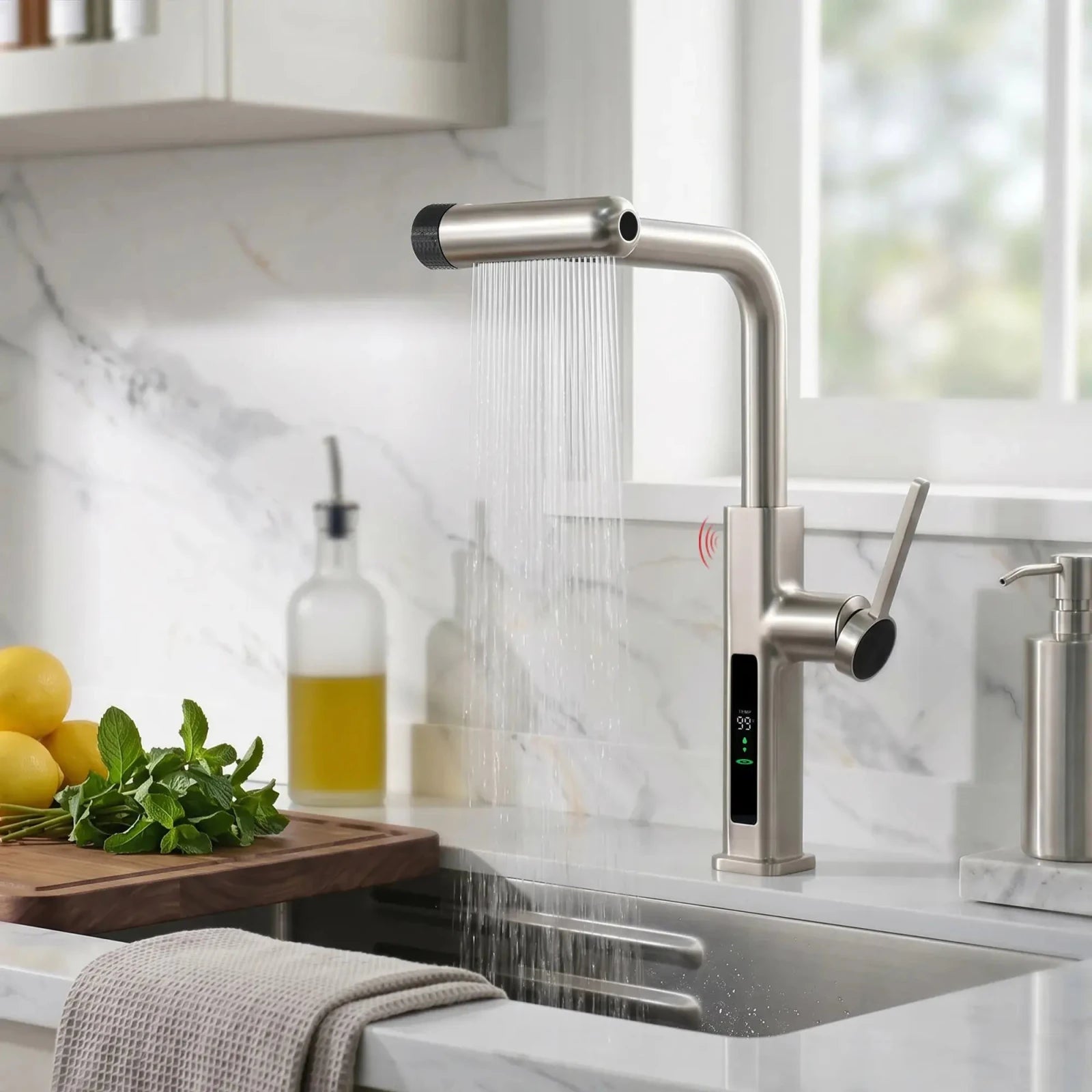 Lefton Touchless Waterfall & Pull - Out Kitchen Faucet with Temperature Display & 6 - Mode Spray - KF2209 - PRO - Kitchen Faucets - Lefton Home