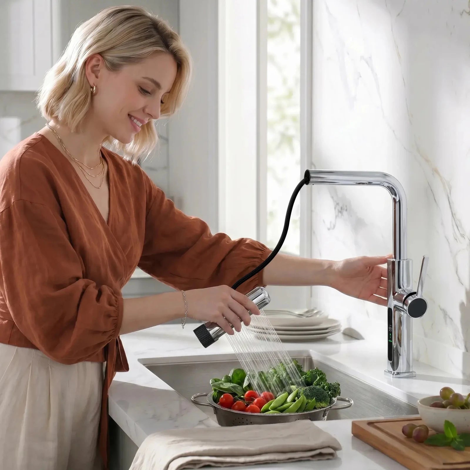 Lefton Touchless Waterfall & Pull - Out Kitchen Faucet with Temperature Display & 6 - Mode Spray - KF2209 - PRO - Kitchen Faucets - Lefton Home