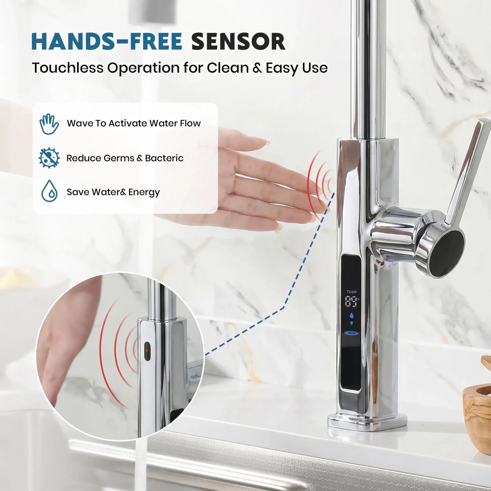 Lefton Touchless Waterfall & Pull - Out Kitchen Faucet with Temperature Display & 6 - Mode Spray - KF2209 - PRO - Kitchen Faucets - Lefton Home