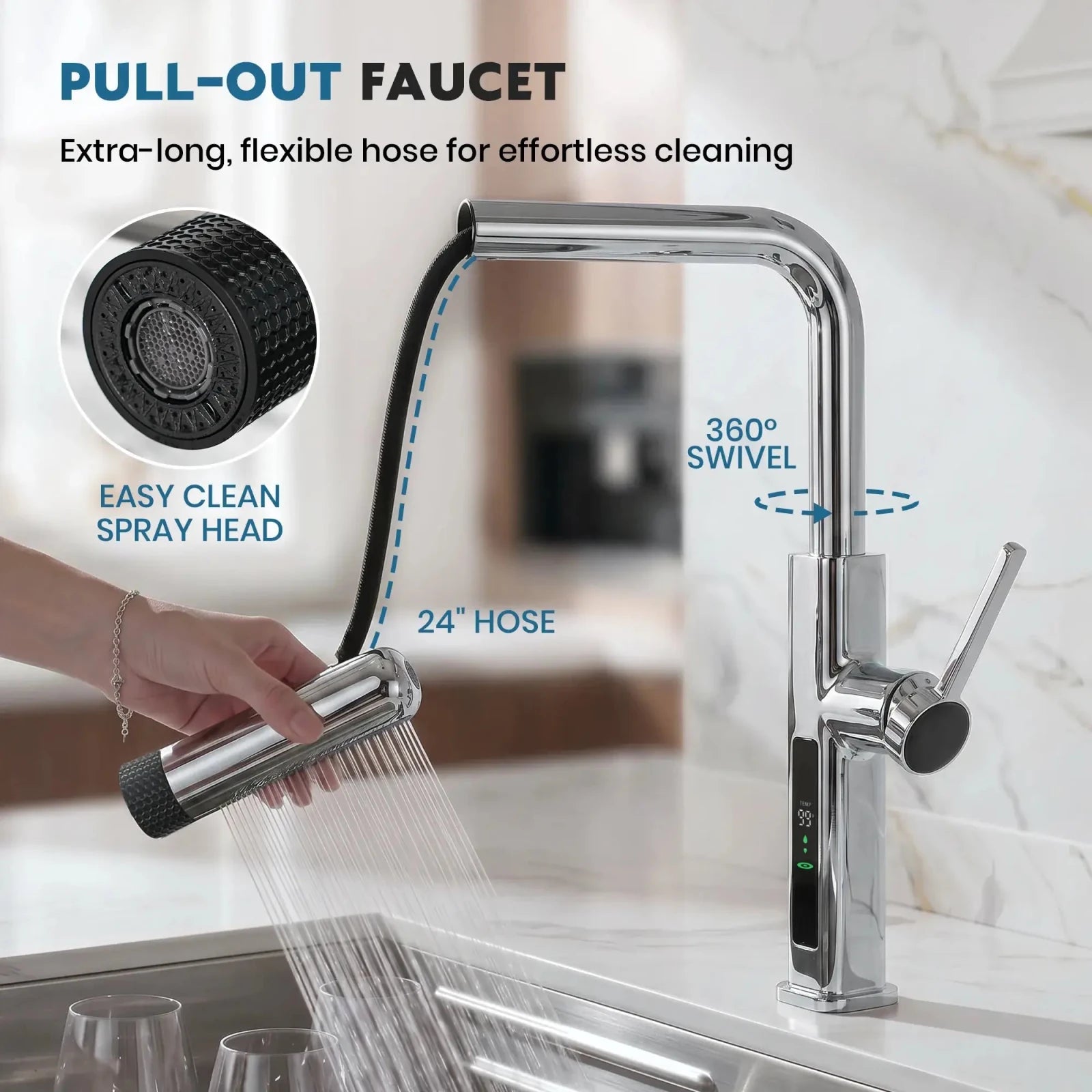 Lefton Touchless Waterfall & Pull - Out Kitchen Faucet with Temperature Display & 6 - Mode Spray - KF2209 - PRO - Kitchen Faucets - Lefton Home