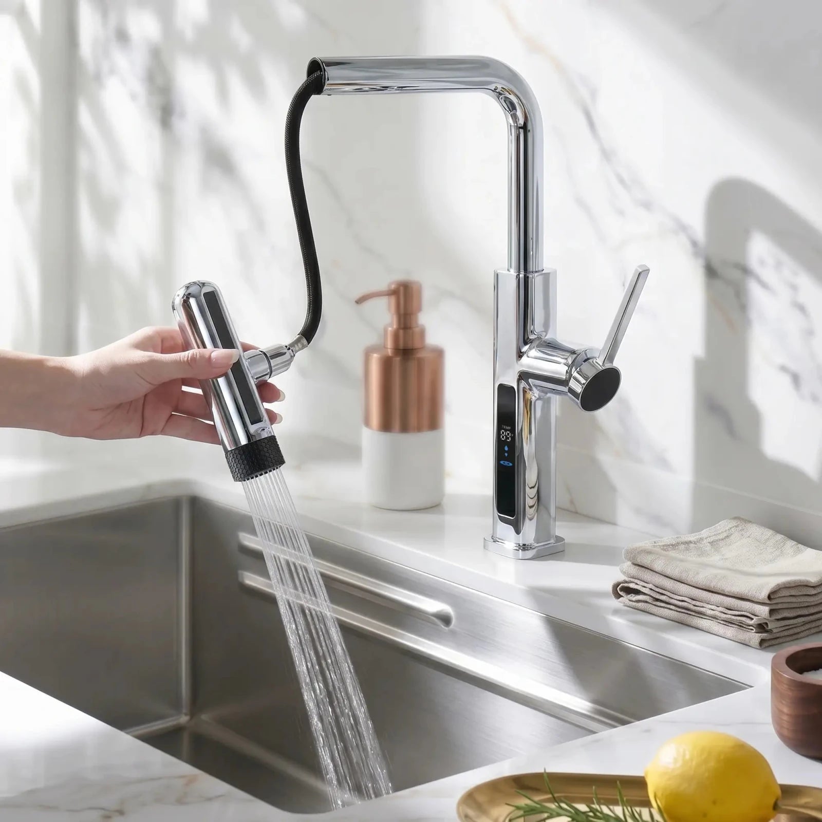 Lefton Touchless Waterfall & Pull - Out Kitchen Faucet with Temperature Display & 6 - Mode Spray - KF2209 - PRO - Kitchen Faucets - Lefton Home