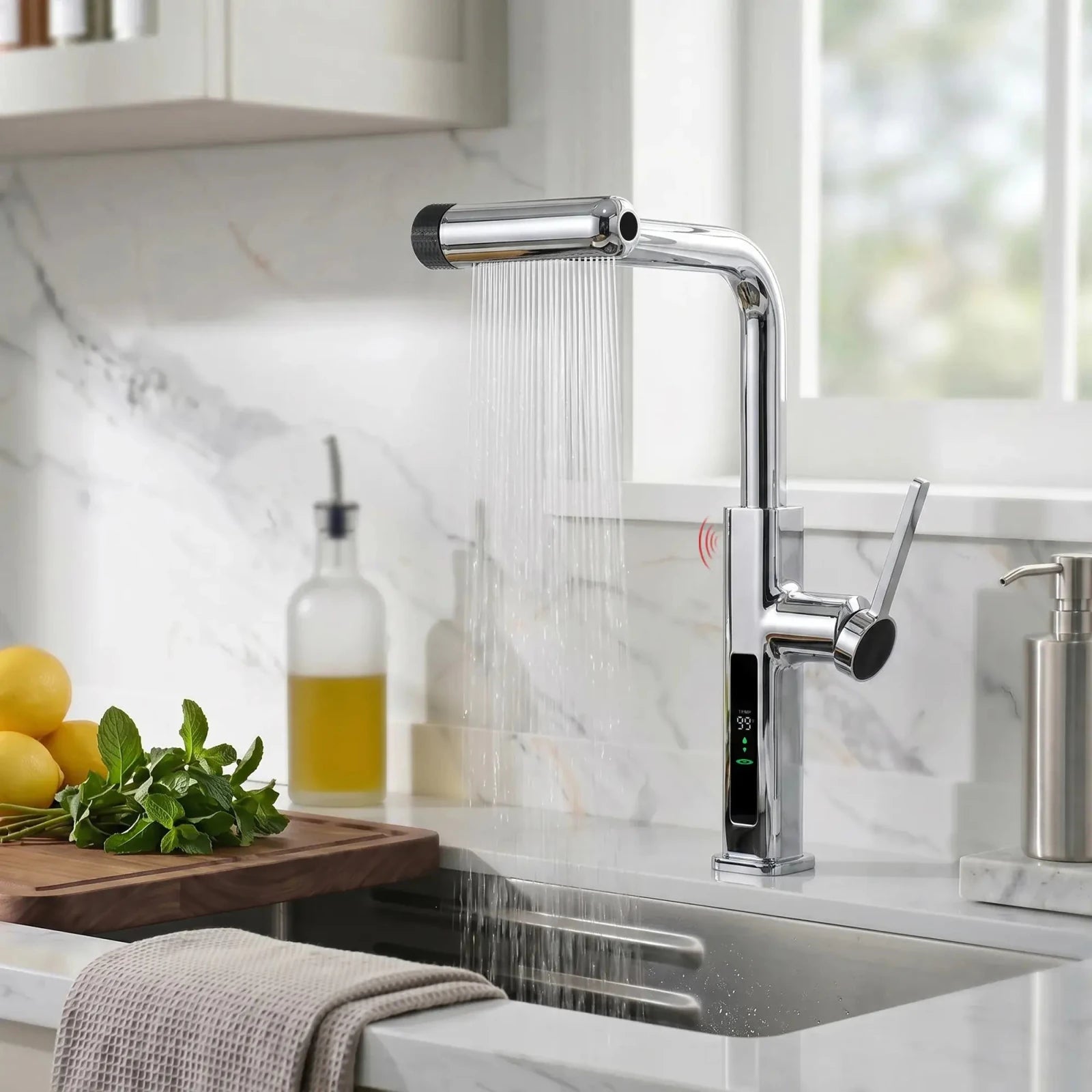 Lefton Touchless Waterfall & Pull - Out Kitchen Faucet with Temperature Display & 6 - Mode Spray - KF2209 - PRO - Kitchen Faucets - Lefton Home