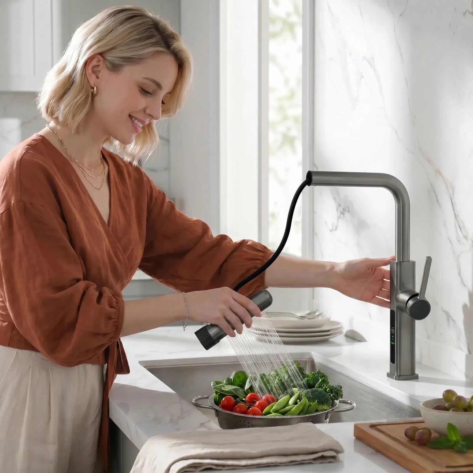 Lefton Touchless Waterfall & Pull - Out Kitchen Faucet with Temperature Display & 6 - Mode Spray - KF2209 - PRO - Kitchen Faucets - Lefton Home