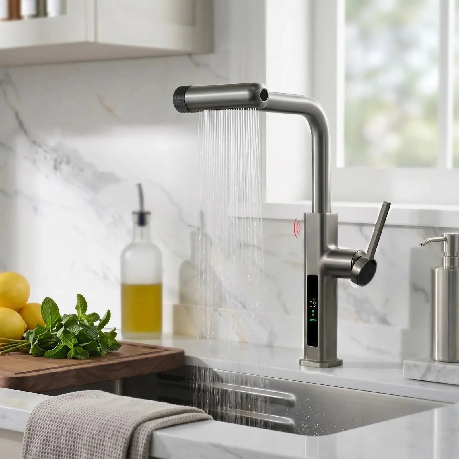 Lefton Touchless Waterfall & Pull - Out Kitchen Faucet with Temperature Display & 6 - Mode Spray - KF2209 - PRO - Kitchen Faucets - Lefton Home