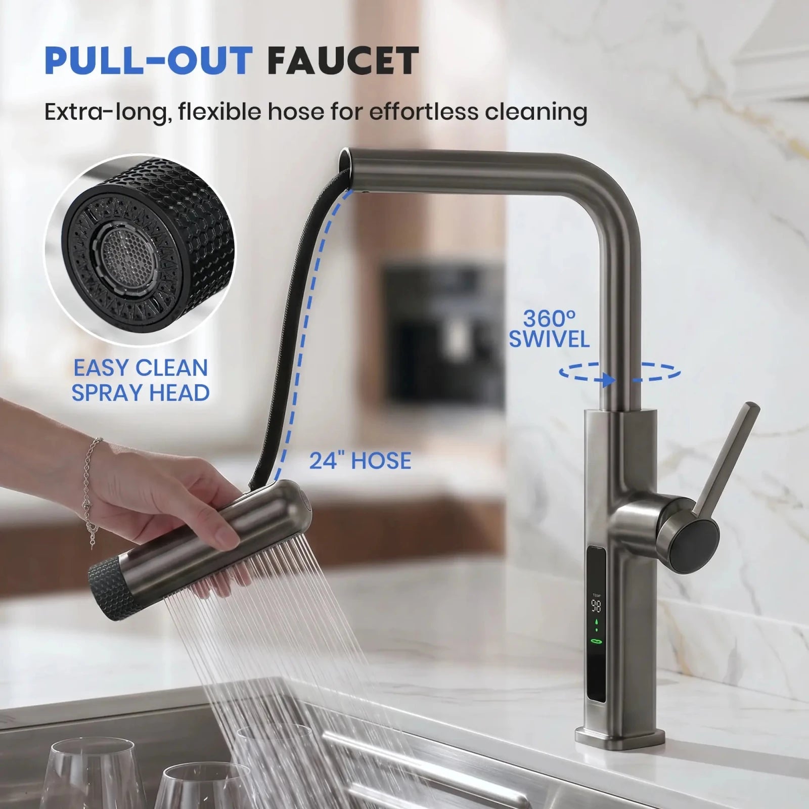 Lefton Touchless Waterfall & Pull - Out Kitchen Faucet with Temperature Display & 6 - Mode Spray - KF2209 - PRO - Kitchen Faucets - Lefton Home