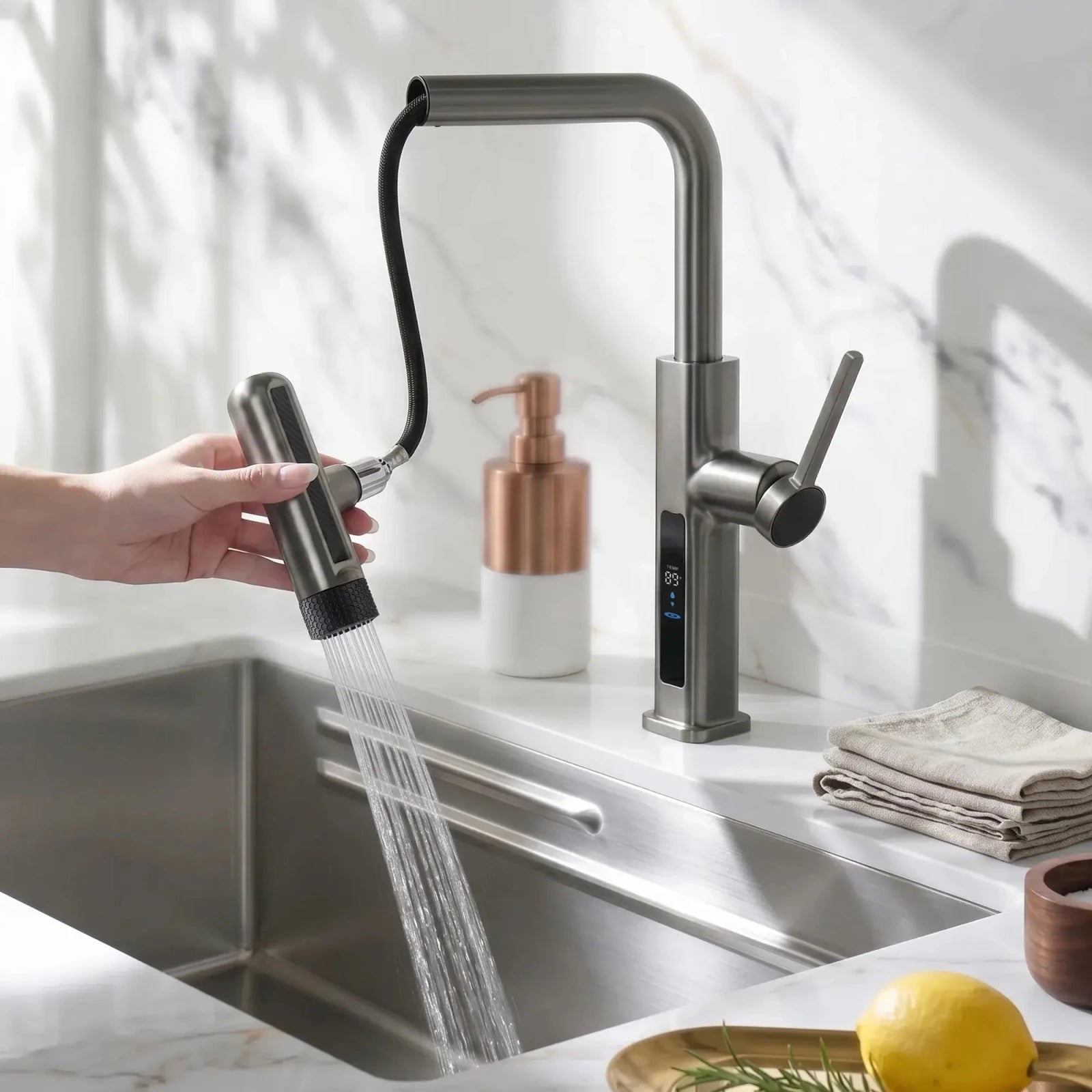 Lefton Touchless Waterfall & Pull - Out Kitchen Faucet with Temperature Display & 6 - Mode Spray - KF2209 - PRO - Kitchen Faucets - Lefton Home
