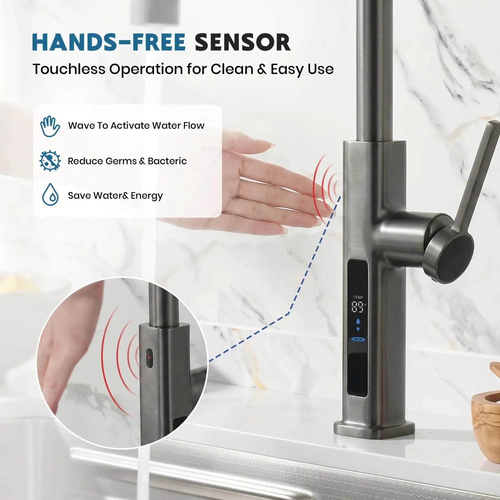 Lefton Touchless Waterfall & Pull - Out Kitchen Faucet with Temperature Display & 6 - Mode Spray - KF2209 - PRO - Kitchen Faucets - Lefton Home