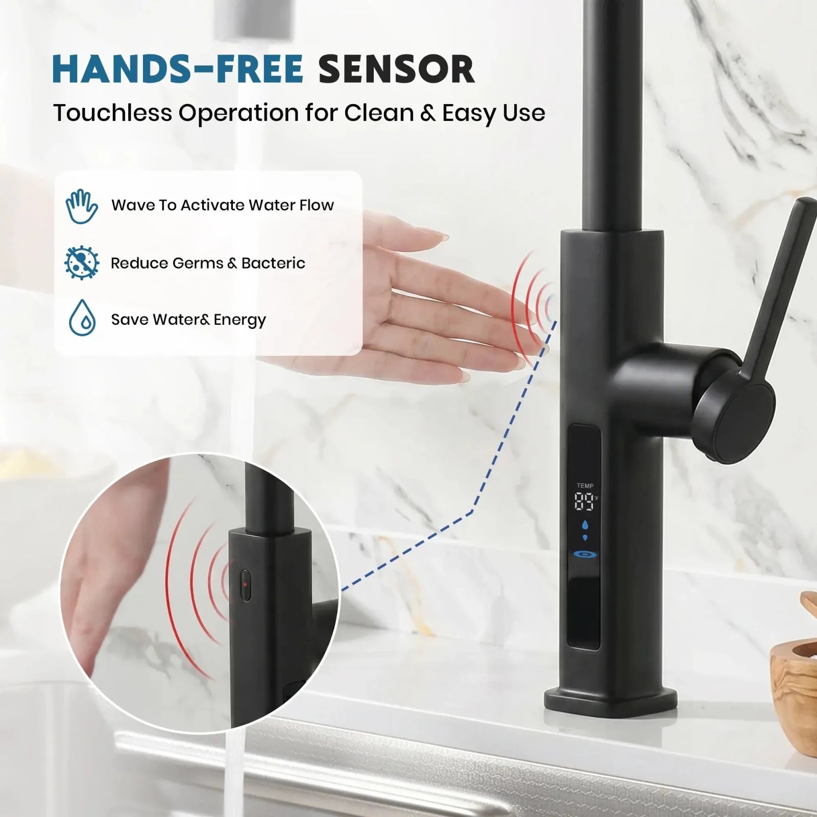 Lefton Touchless Waterfall & Pull - Out Kitchen Faucet with Temperature Display & 6 - Mode Spray - KF2209 - PRO - Kitchen Faucets - Lefton Home