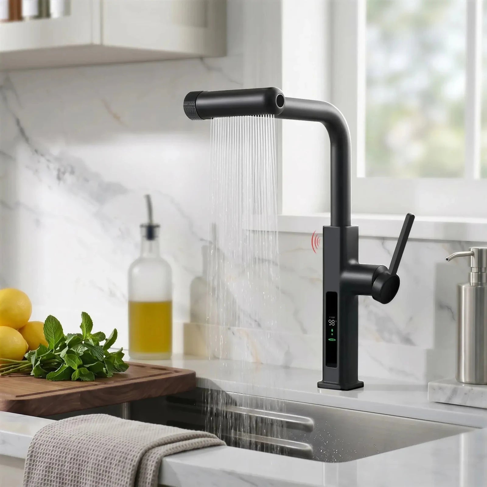 Lefton Touchless Waterfall & Pull - Out Kitchen Faucet with Temperature Display & 6 - Mode Spray - KF2209 - PRO - Kitchen Faucets - Lefton Home