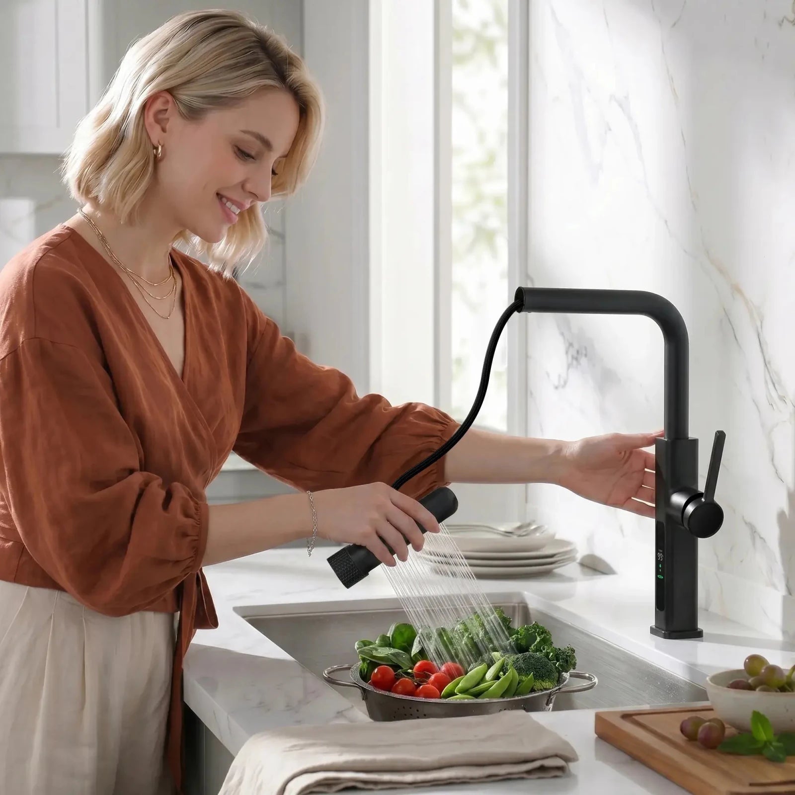 Lefton Touchless Waterfall & Pull - Out Kitchen Faucet with Temperature Display & 6 - Mode Spray - KF2209 - PRO - Kitchen Faucets - Lefton Home