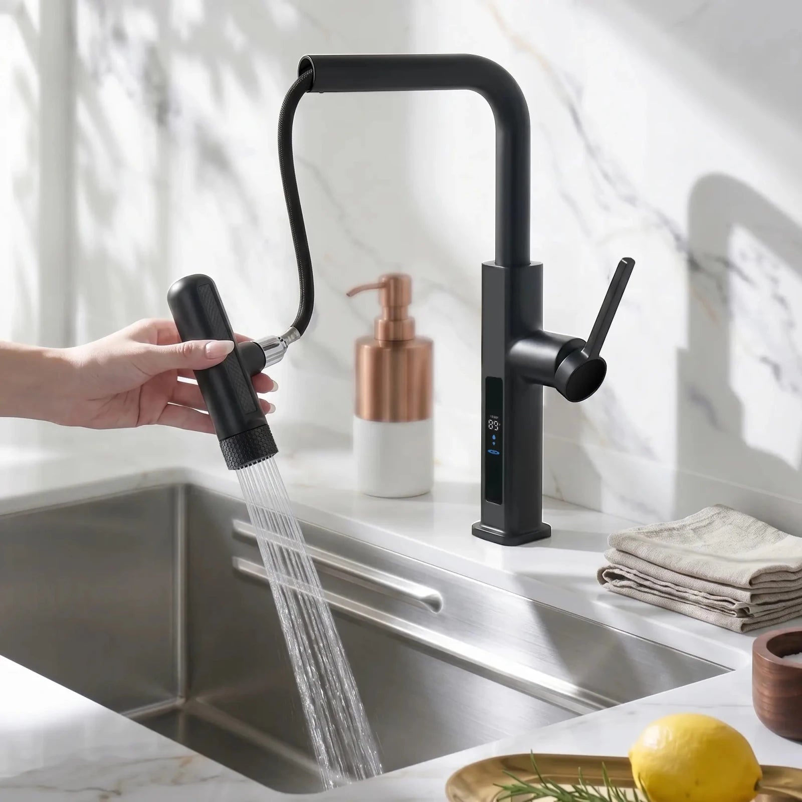 Lefton Touchless Waterfall & Pull - Out Kitchen Faucet with Temperature Display & 6 - Mode Spray - KF2209 - PRO - Kitchen Faucets - Lefton Home