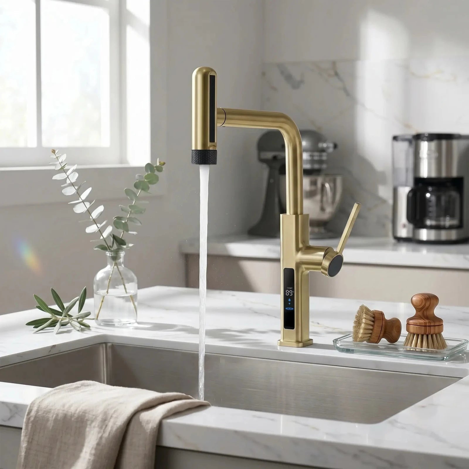 Lefton Touchless Waterfall & Pull - Out Kitchen Faucet with Temperature Display & 6 - Mode Spray - KF2209 - PRO - Kitchen Faucets - Lefton Home