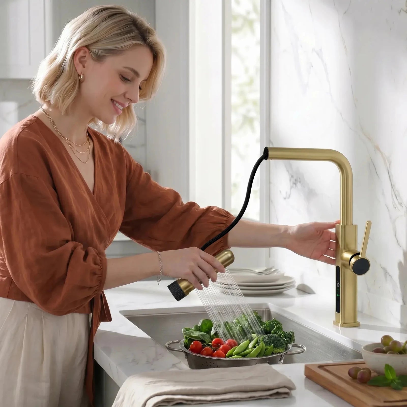 Lefton Touchless Waterfall & Pull - Out Kitchen Faucet with Temperature Display & 6 - Mode Spray - KF2209 - PRO - Kitchen Faucets - Lefton Home