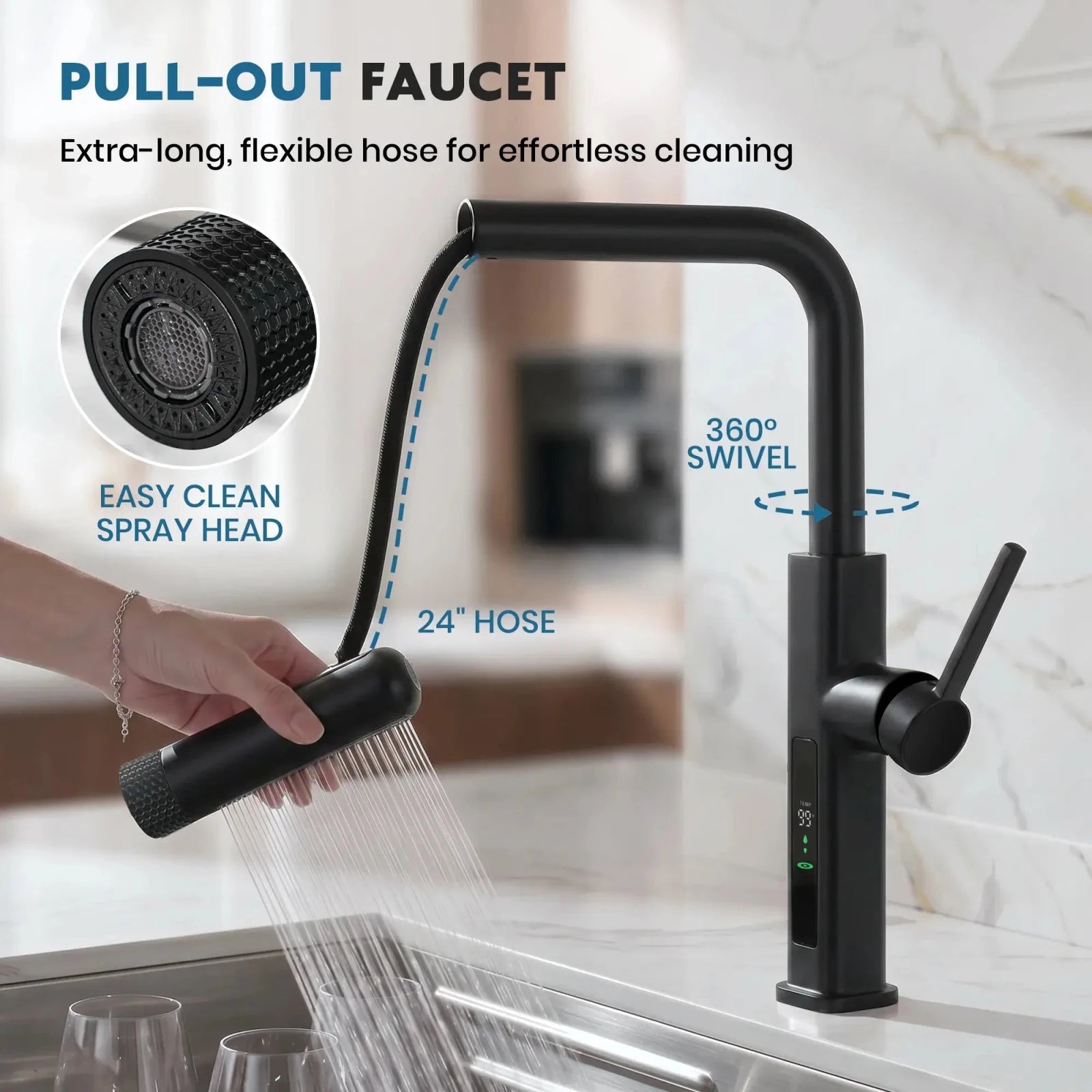 Lefton Touchless Waterfall & Pull - Out Kitchen Faucet with Temperature Display & 6 - Mode Spray - KF2209 - PRO - Kitchen Faucets - Lefton Home
