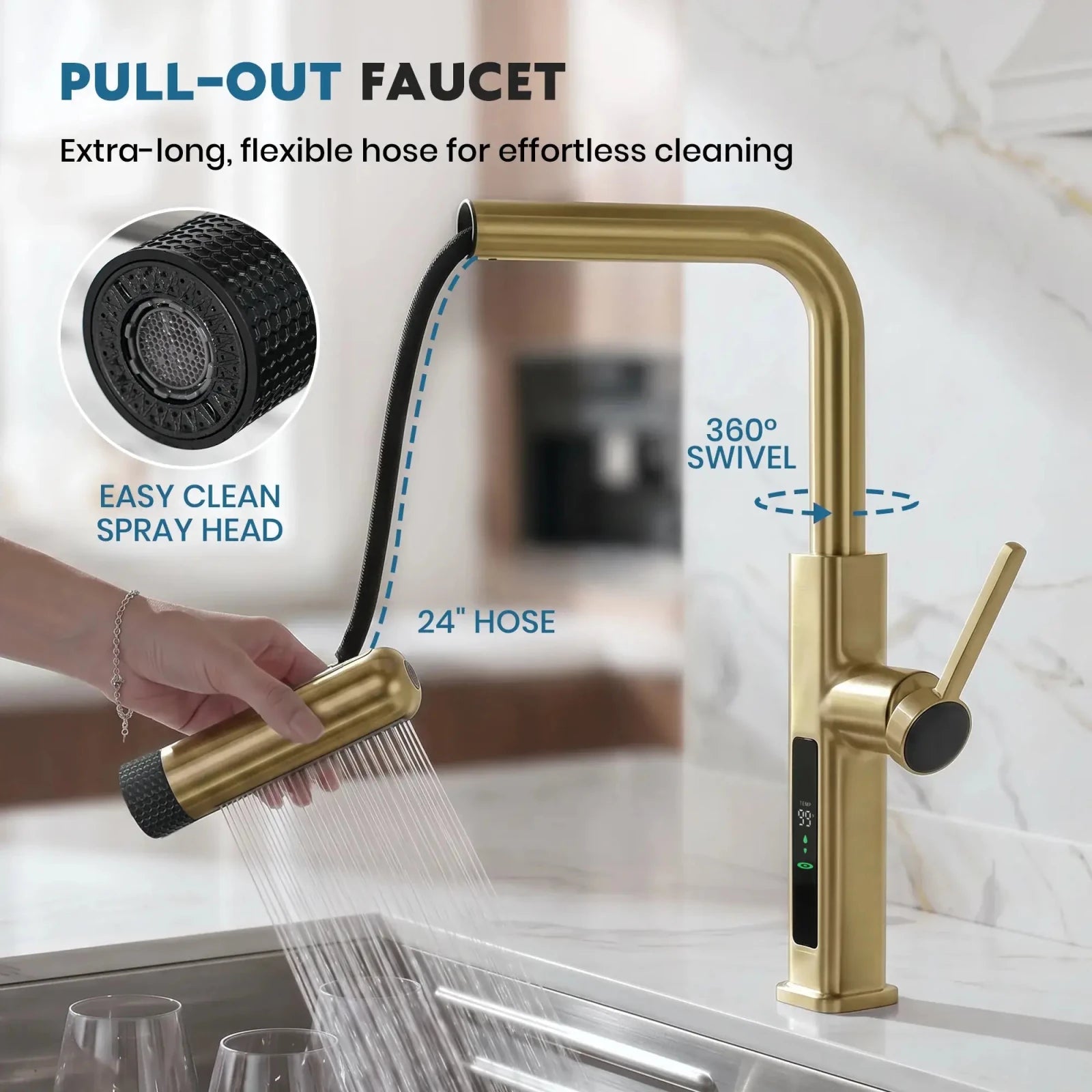 Lefton Touchless Waterfall & Pull - Out Kitchen Faucet with Temperature Display & 6 - Mode Spray - KF2209 - PRO - Kitchen Faucets - Lefton Home