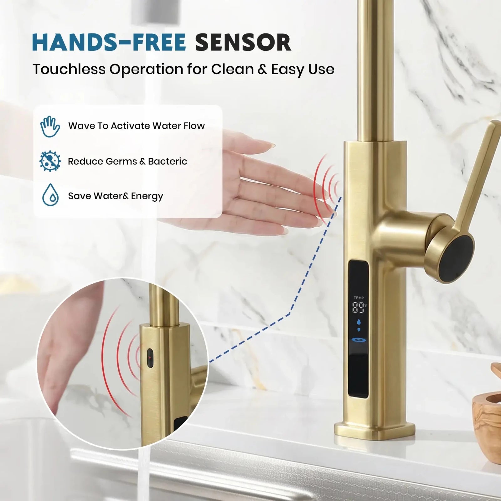 Lefton Touchless Waterfall & Pull - Out Kitchen Faucet with Temperature Display & 6 - Mode Spray - KF2209 - PRO - Kitchen Faucets - Lefton Home
