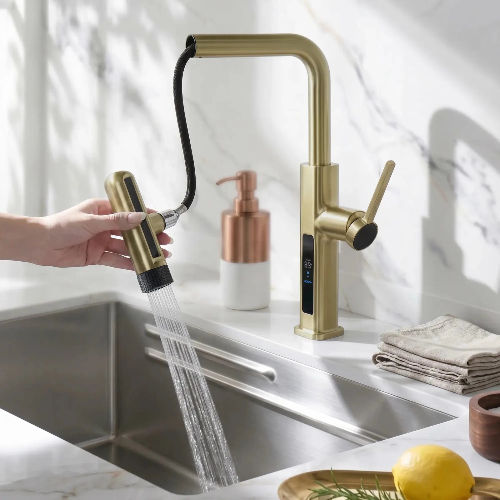 Lefton Touchless Waterfall & Pull - Out Kitchen Faucet with Temperature Display & 6 - Mode Spray - KF2209 - PRO - Kitchen Faucets - Lefton Home