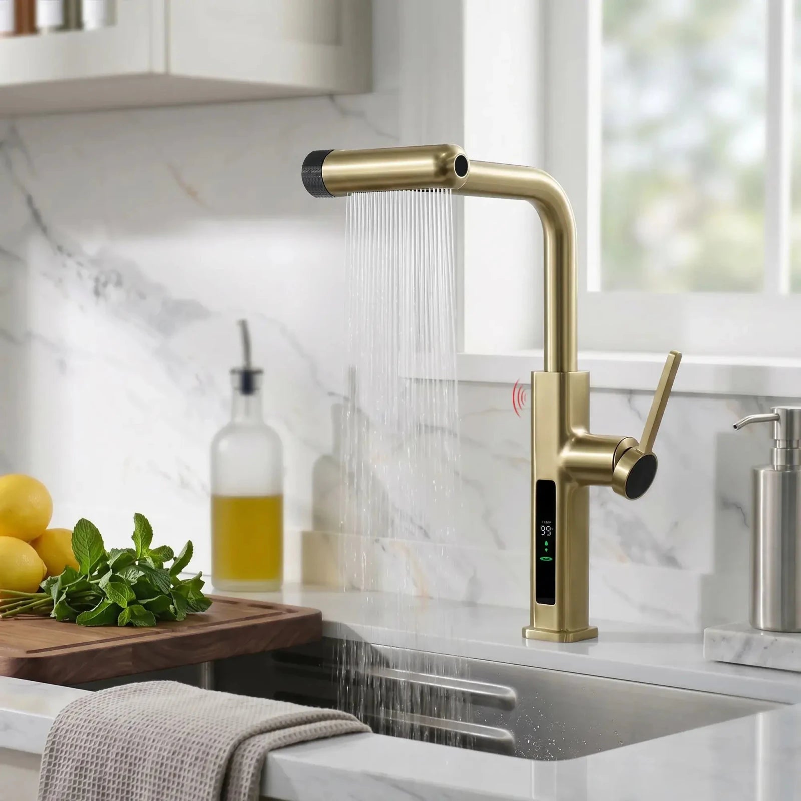 Lefton Touchless Waterfall & Pull - Out Kitchen Faucet with Temperature Display & 6 - Mode Spray - KF2209 - PRO - Kitchen Faucets - Lefton Home