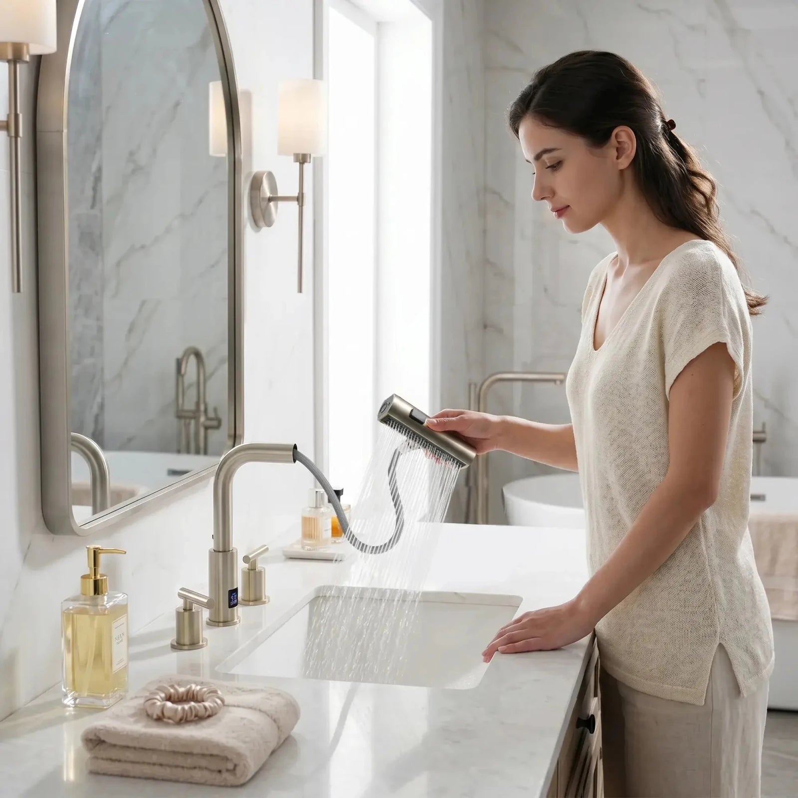 Lefton Two-Handle Widespread Waterfall & Pull-Out Bathroom Faucet with Temperature Display-BFWS2401 -Bathroom Faucets- Lefton Home