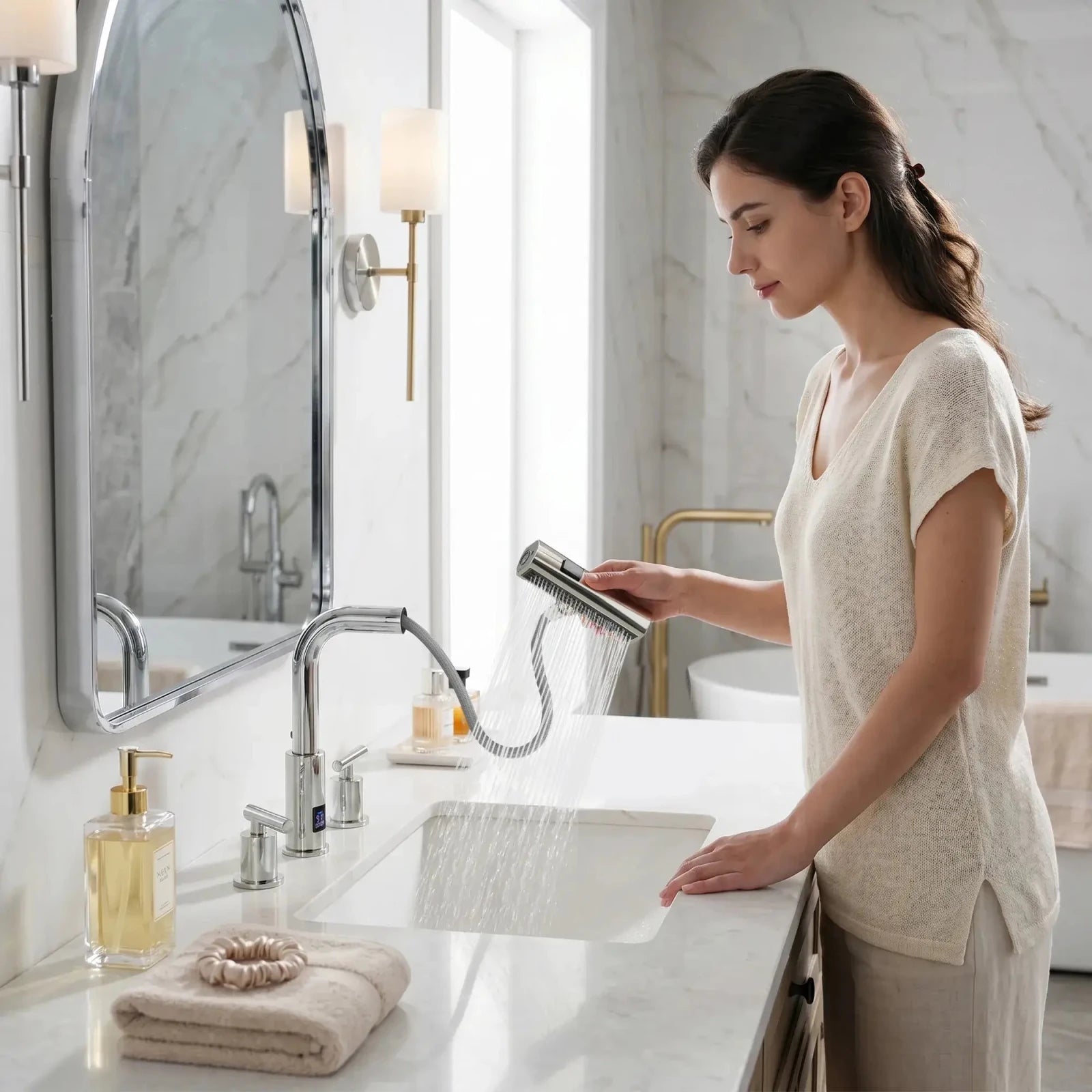 Lefton Two-Handle Widespread Waterfall & Pull-Out Bathroom Faucet with Temperature Display-BFWS2401 -Bathroom Faucets- Lefton Home