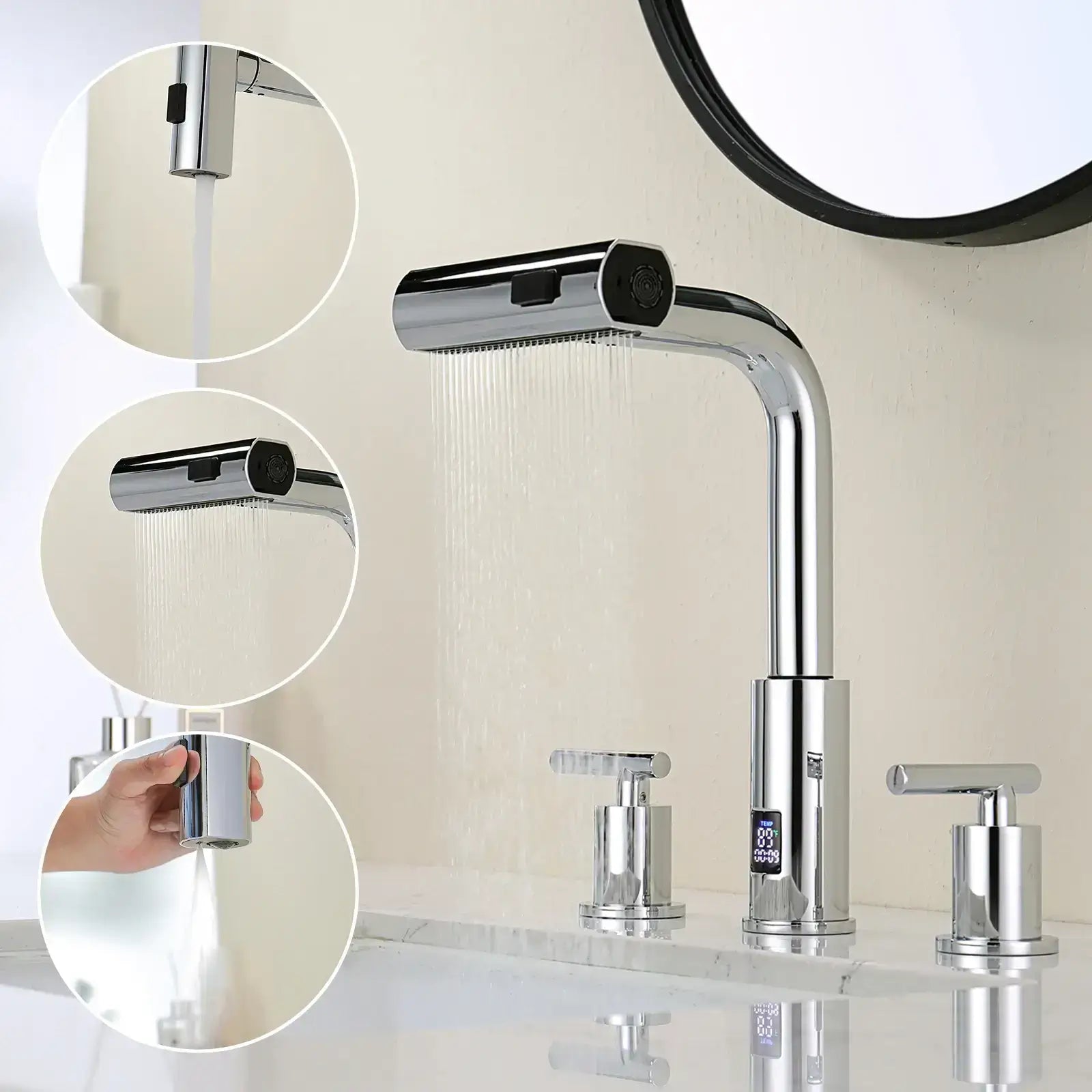 Lefton Two - Handle Widespread Waterfall & Pull - Out Bathroom Faucet with Temperature Display - BFWS2401 - Bathroom Faucets - Lefton Home