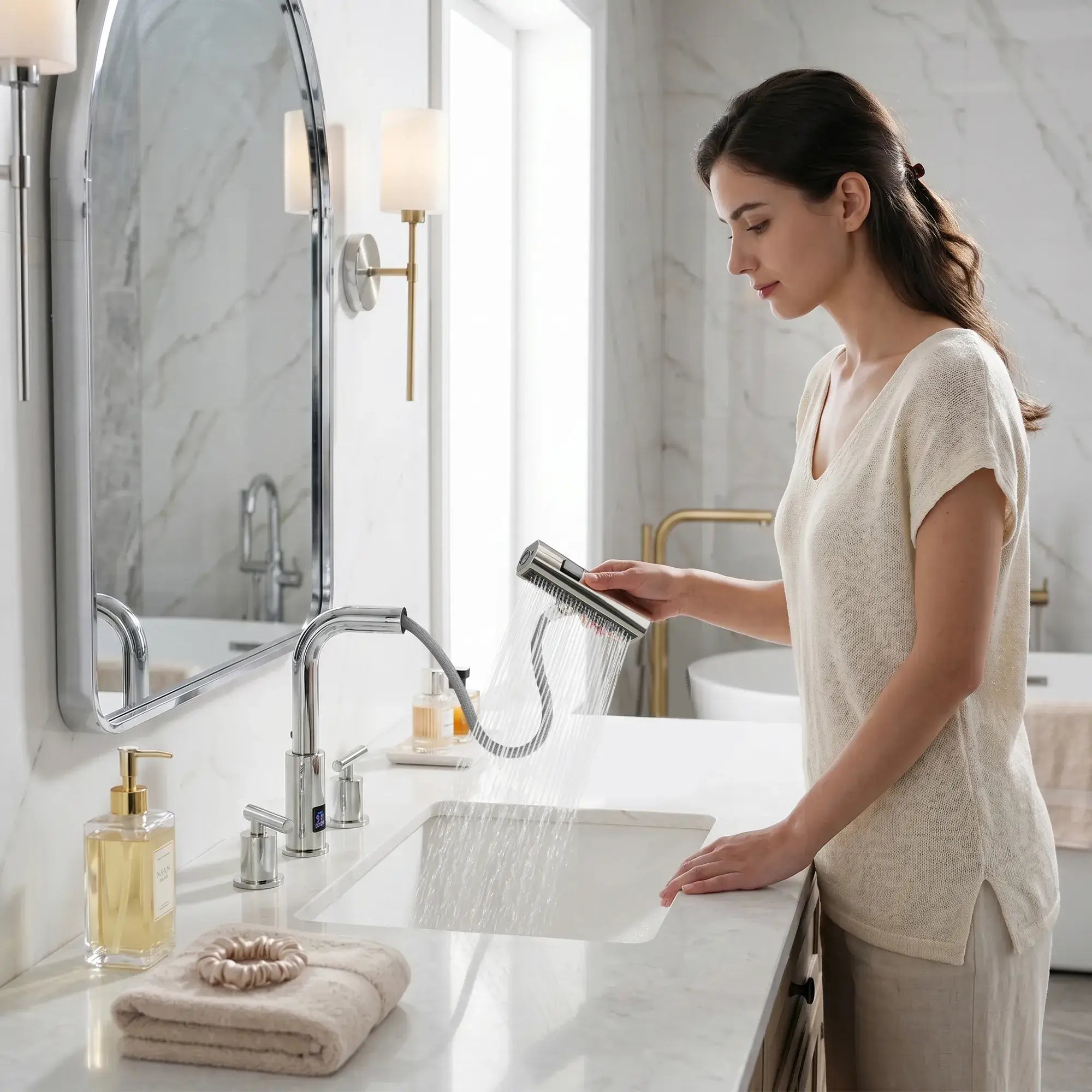 Lefton Two - Handle Widespread Waterfall & Pull - Out Bathroom Faucet with Temperature Display - BFWS2401 - Bathroom Faucets - Lefton Home
