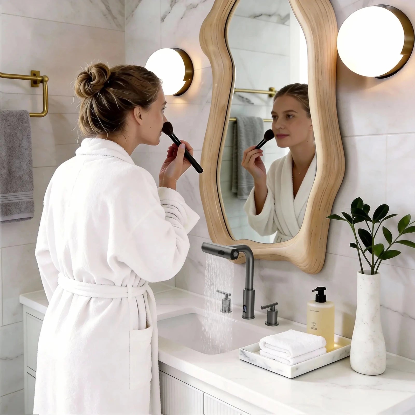 Lefton Two - Handle Widespread Waterfall & Pull - Out Bathroom Faucet with Temperature Display - BFWS2401 - Bathroom Faucets - Lefton Home