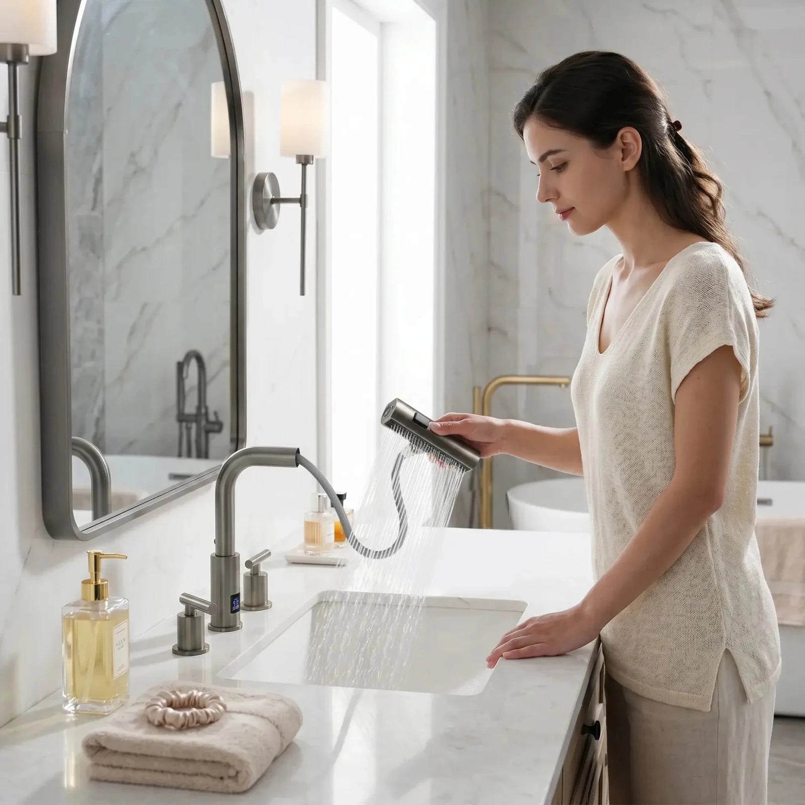 Lefton Two-Handle Widespread Waterfall & Pull-Out Bathroom Faucet with Temperature Display-BFWS2401 -Bathroom Faucets- Lefton Home