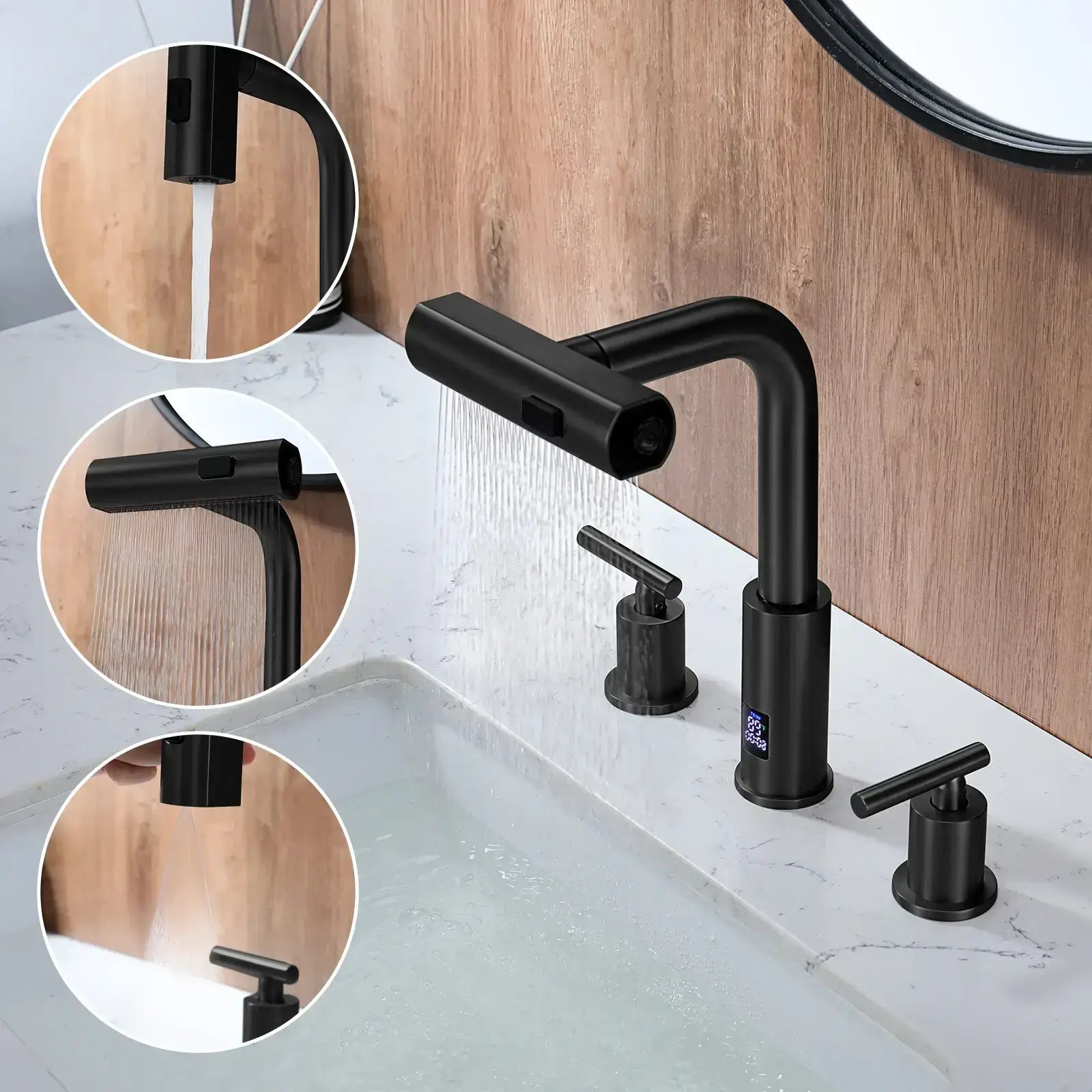 Lefton Two - Handle Widespread Waterfall & Pull - Out Bathroom Faucet with Temperature Display - BFWS2401 - Bathroom Faucets - Lefton Home