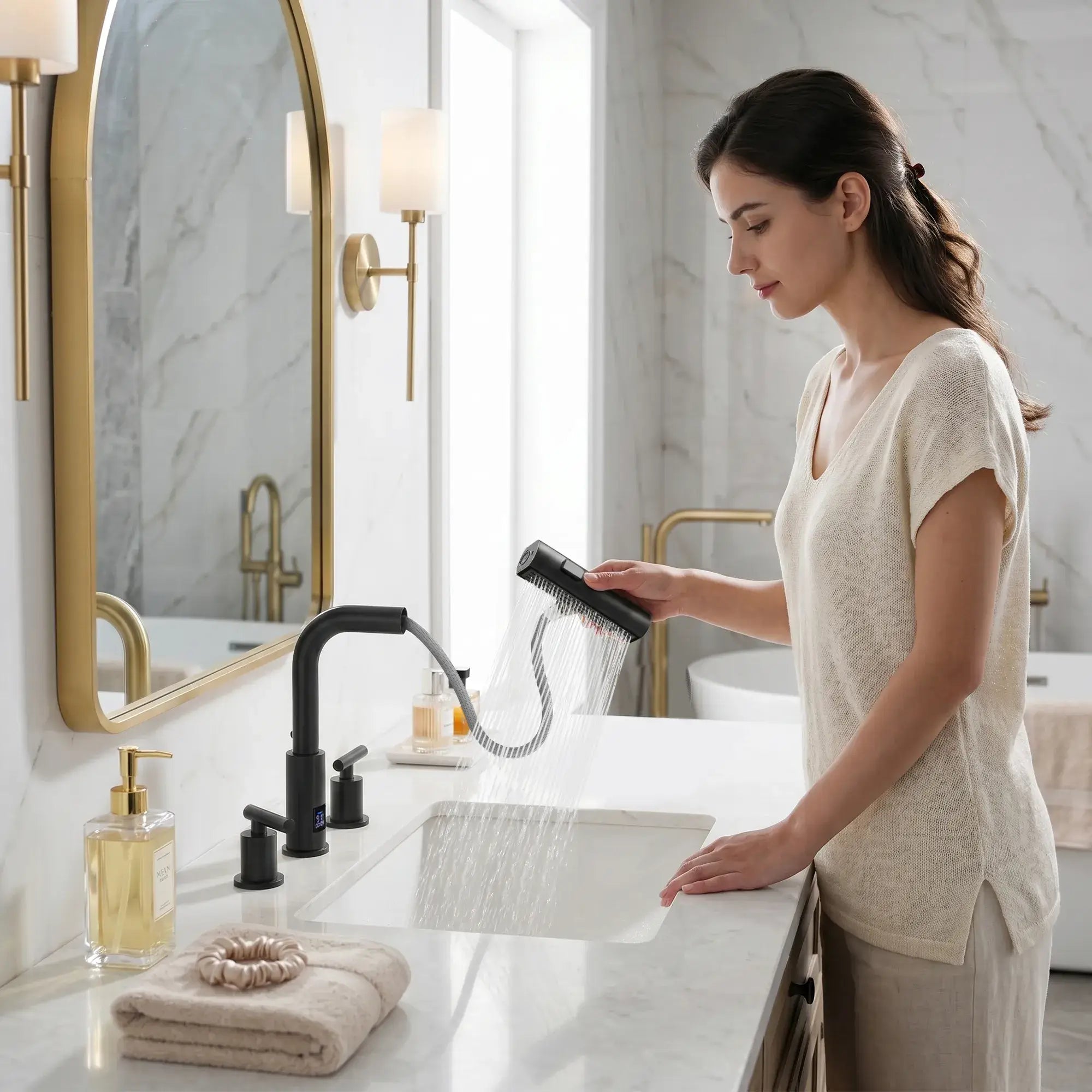 Lefton Two - Handle Widespread Waterfall & Pull - Out Bathroom Faucet with Temperature Display - BFWS2401 - Bathroom Faucets - Lefton Home
