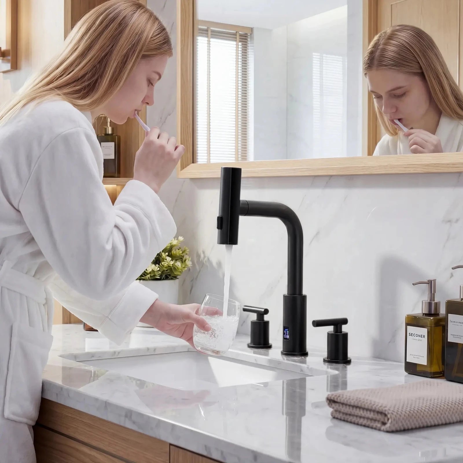 Lefton Two - Handle Widespread Waterfall & Pull - Out Bathroom Faucet with Temperature Display - BFWS2401 - Bathroom Faucets - Lefton Home