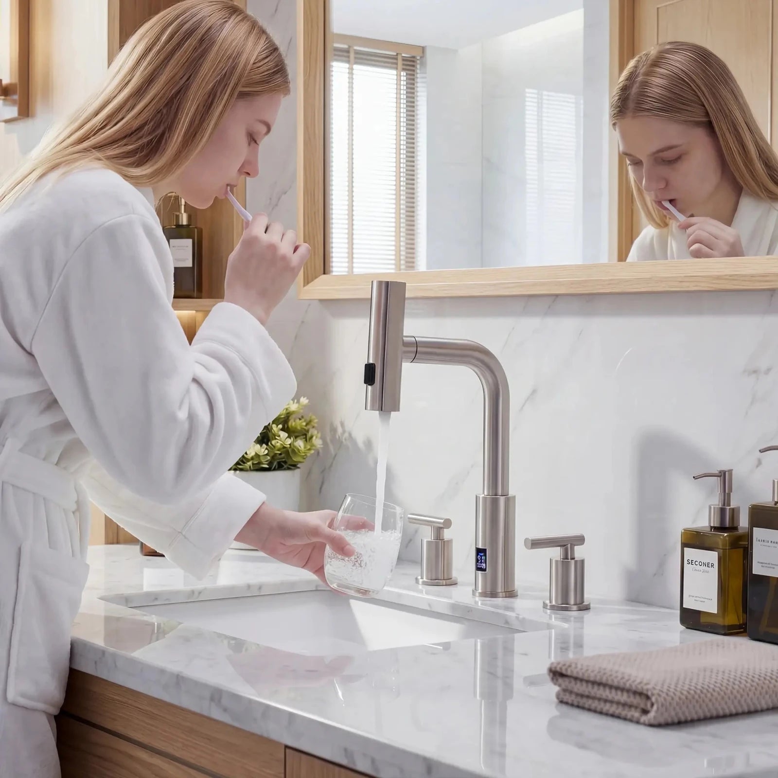 Lefton Two - Handle Widespread Waterfall & Pull - Out Bathroom Faucet with Temperature Display - BFWS2401 - Bathroom Faucets - Lefton Home