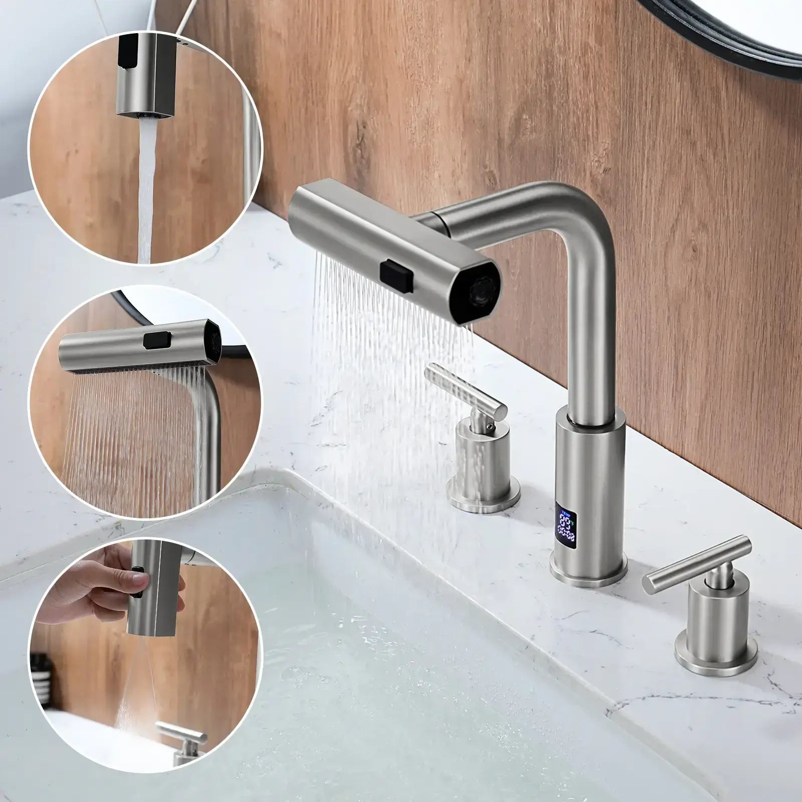 Lefton Two - Handle Widespread Waterfall & Pull - Out Bathroom Faucet with Temperature Display - BFWS2401 - Bathroom Faucets - Lefton Home