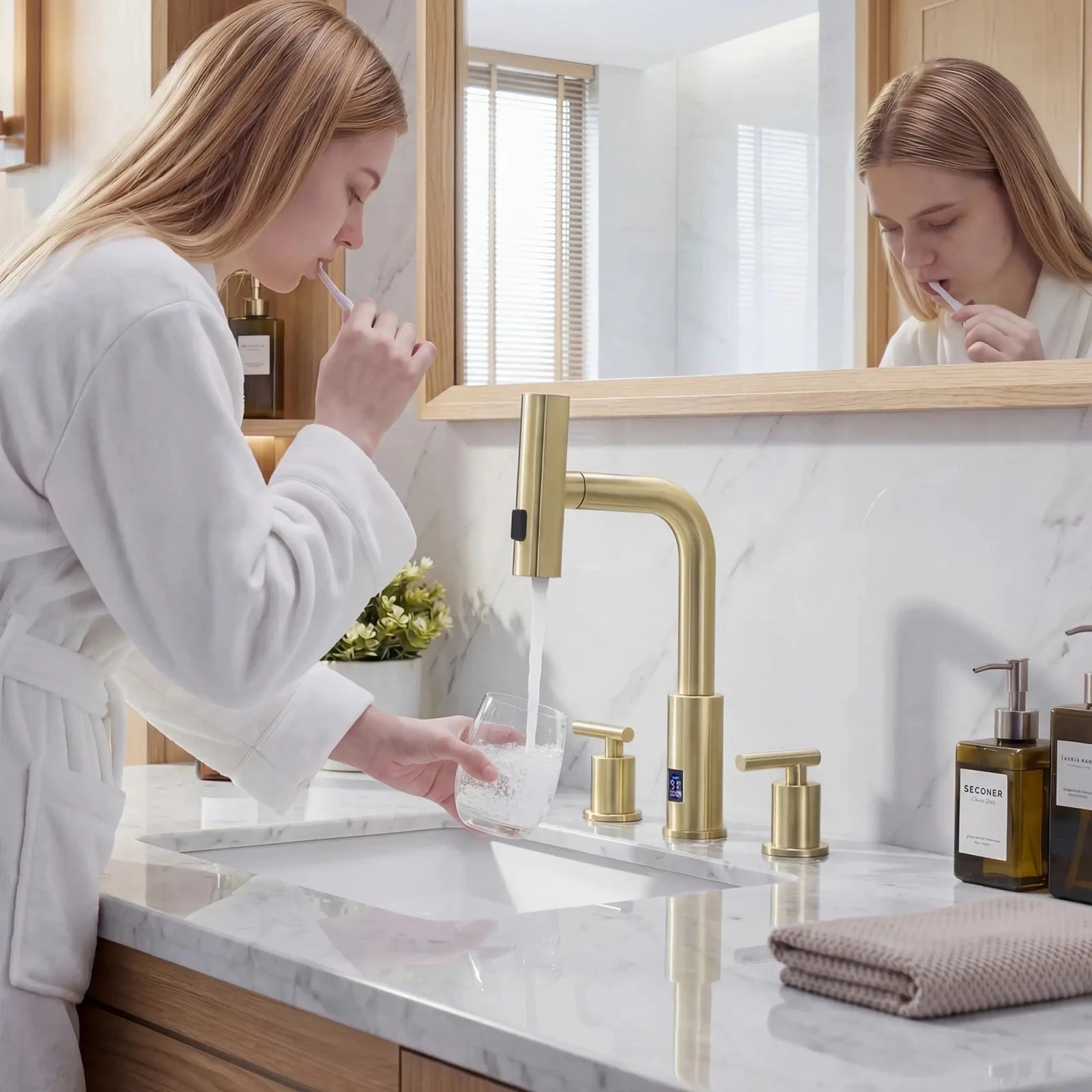 Lefton Two - Handle Widespread Waterfall & Pull - Out Bathroom Faucet with Temperature Display - BFWS2401 - Bathroom Faucets - Lefton Home