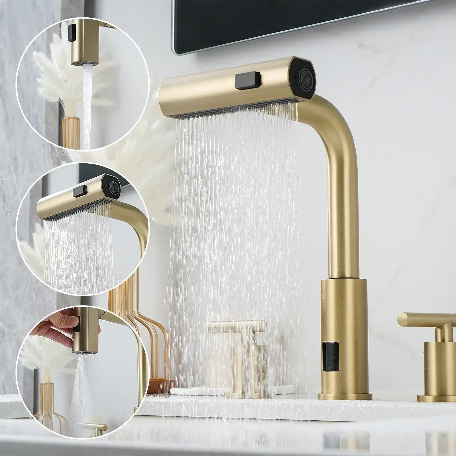 Lefton Two - Handle Widespread Waterfall & Pull - Out Bathroom Faucet with Temperature Display - BFWS2401 - Bathroom Faucets - Lefton Home