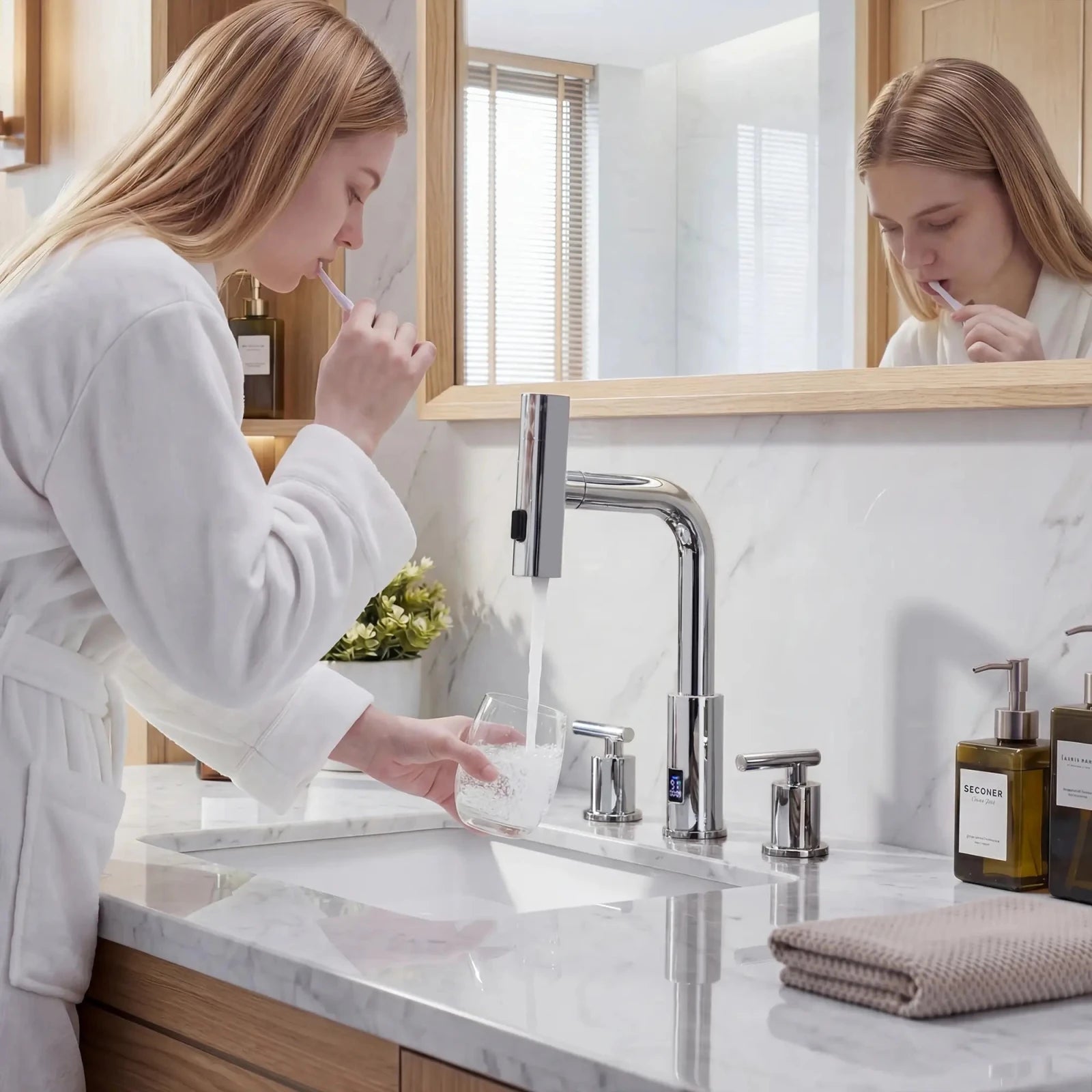 Lefton Two - Handle Widespread Waterfall & Pull - Out Bathroom Faucet with Temperature Display - BFWS2401 - Bathroom Faucets - Lefton Home