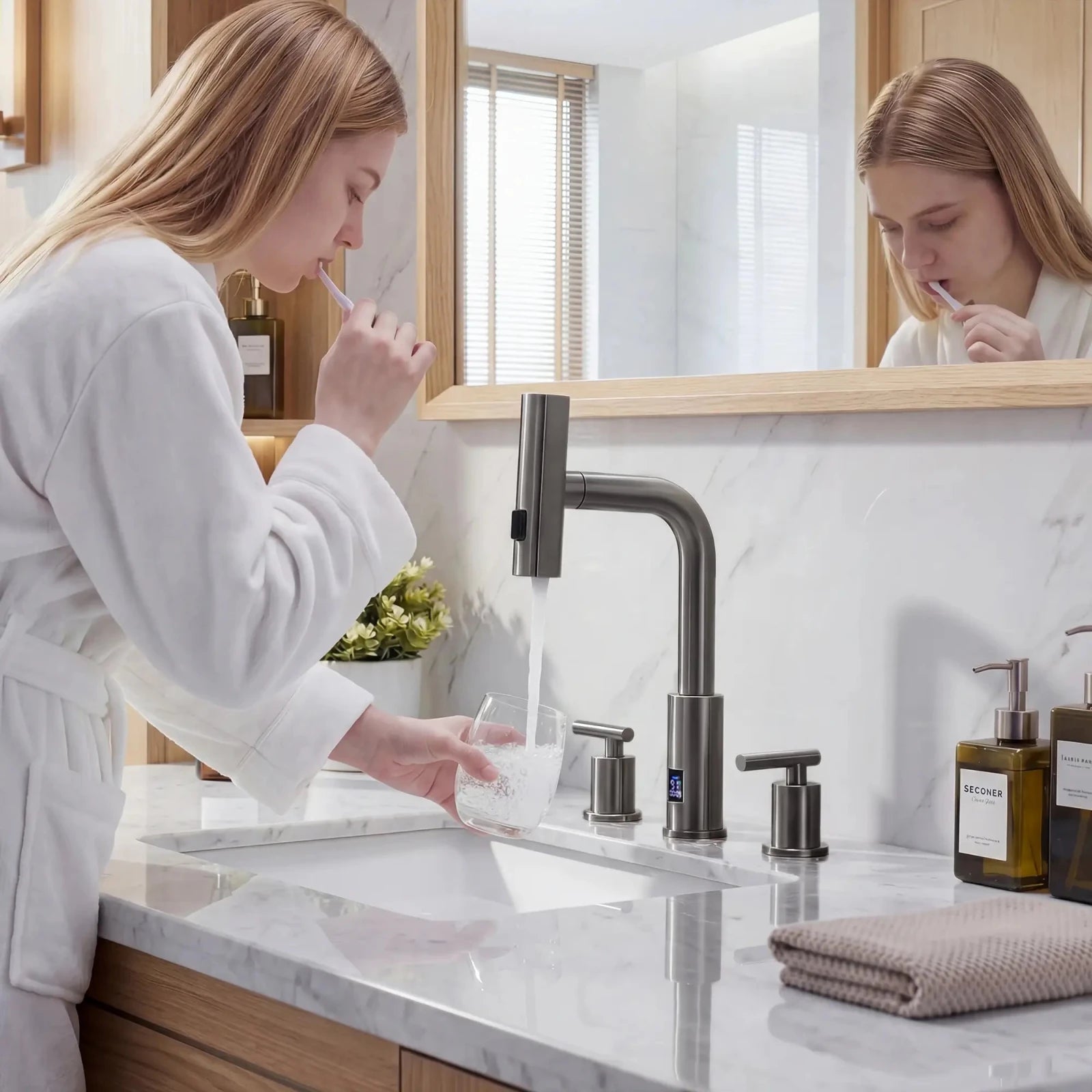 Lefton Two - Handle Widespread Waterfall & Pull - Out Bathroom Faucet with Temperature Display - BFWS2401 - Bathroom Faucets - Lefton Home