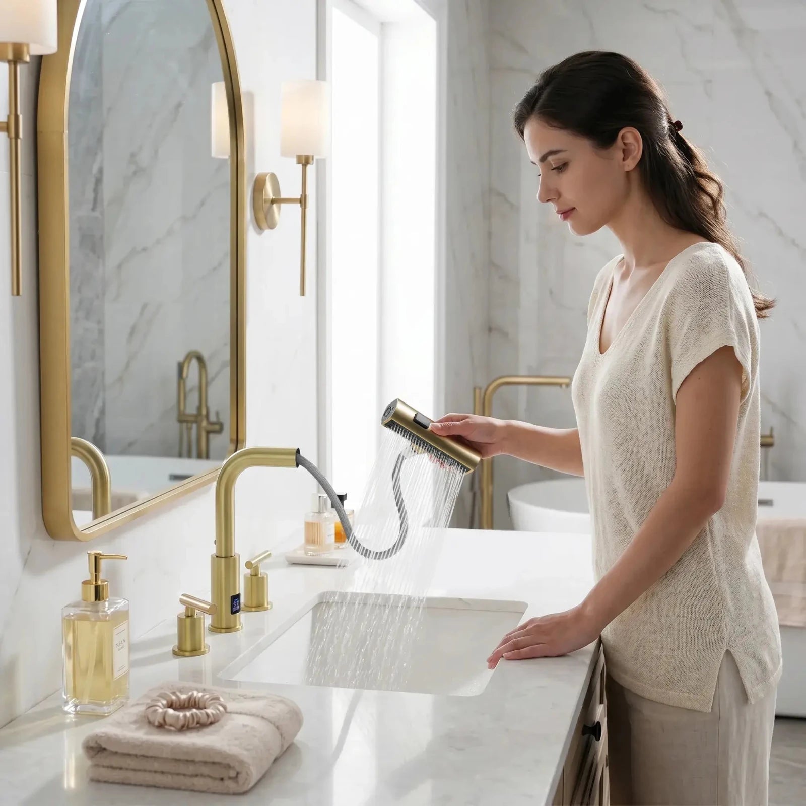 Lefton Two-Handle Widespread Waterfall & Pull-Out Bathroom Faucet with Temperature Display-BFWS2401 -Bathroom Faucets- Lefton Home