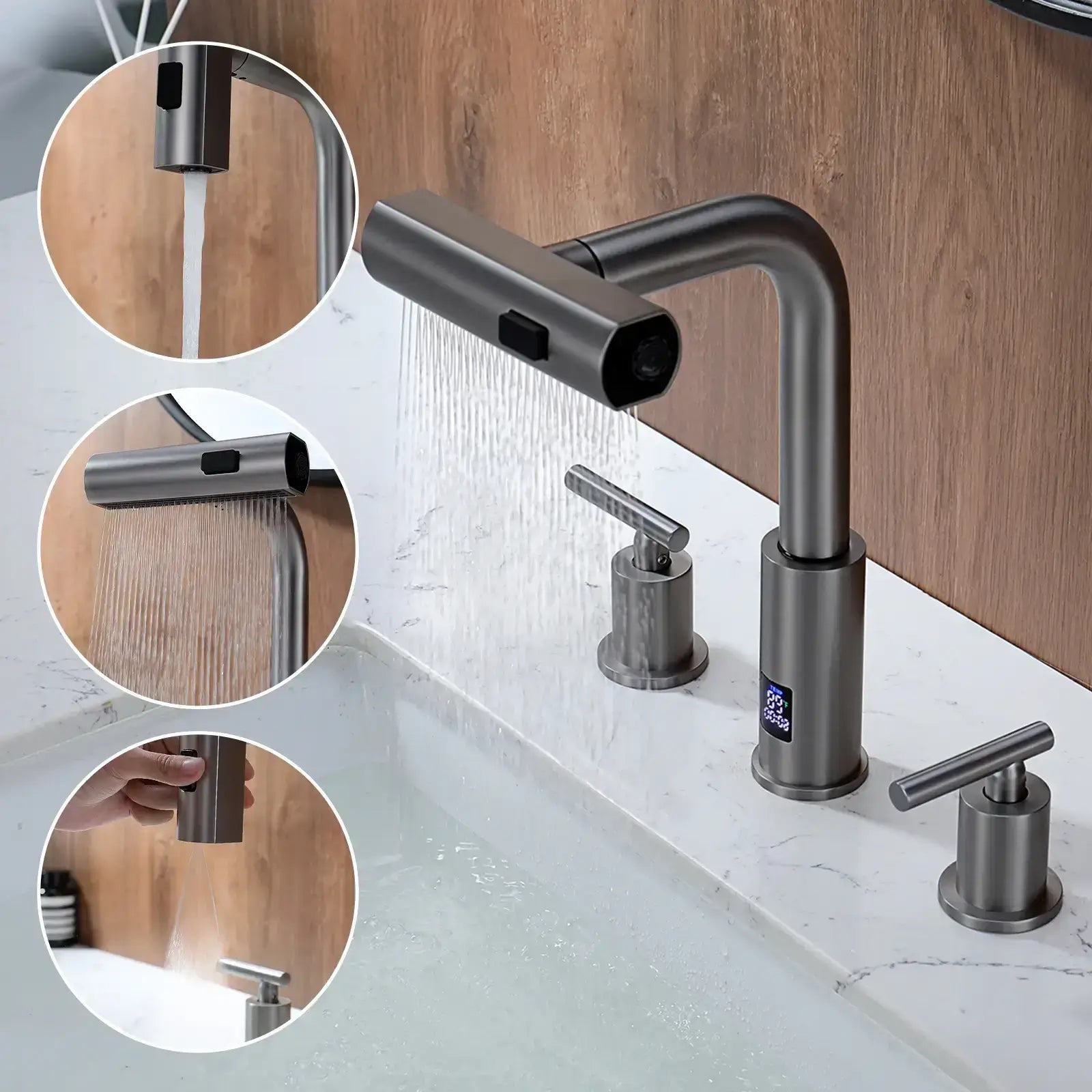 Lefton Two - Handle Widespread Waterfall & Pull - Out Bathroom Faucet with Temperature Display - BFWS2401 - Bathroom Faucets - Lefton Home