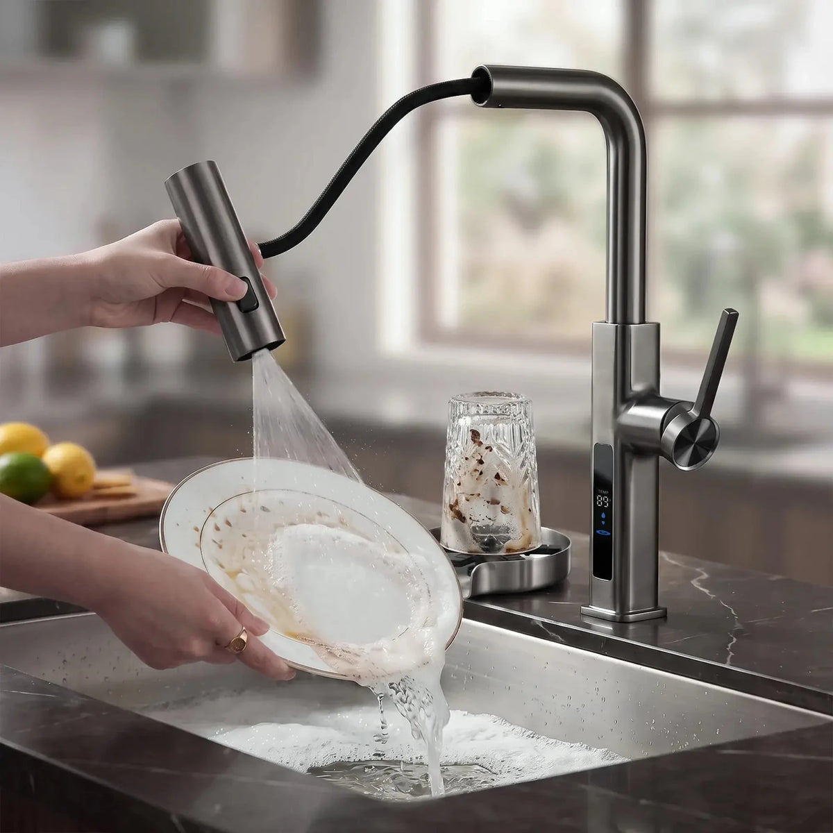 Lefton Waterfall Kitchen Faucet-KF2209 with Countertop Glass Rinser-KFR2202 -Kitchen Faucets & Glass Rinser- Lefton Home