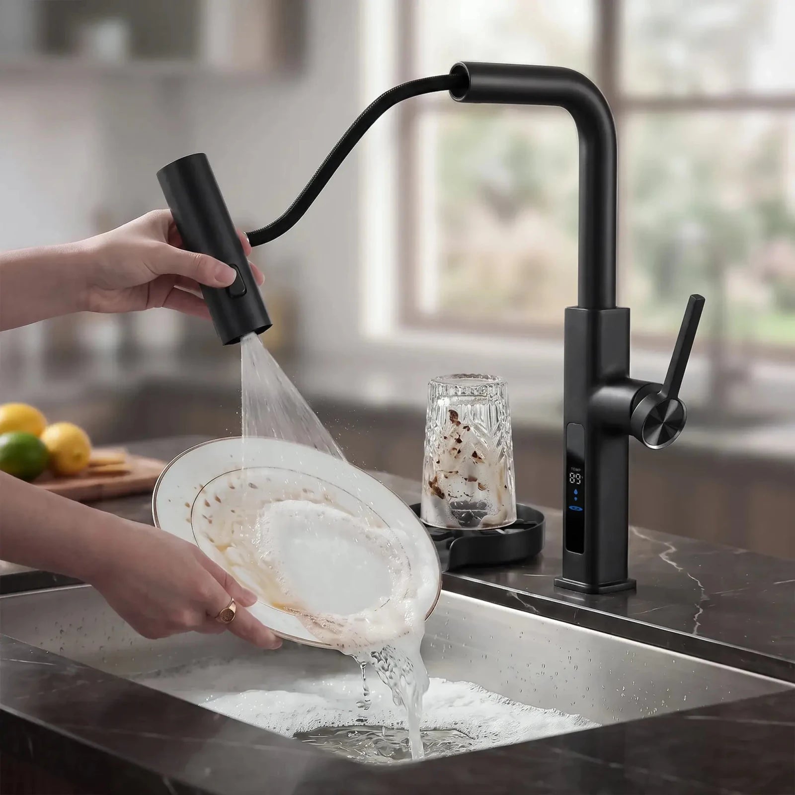 Lefton Waterfall Kitchen Faucet-KF2209 with Countertop Glass Rinser-KFR2202 -Kitchen Faucets & Glass Rinser- Lefton Home