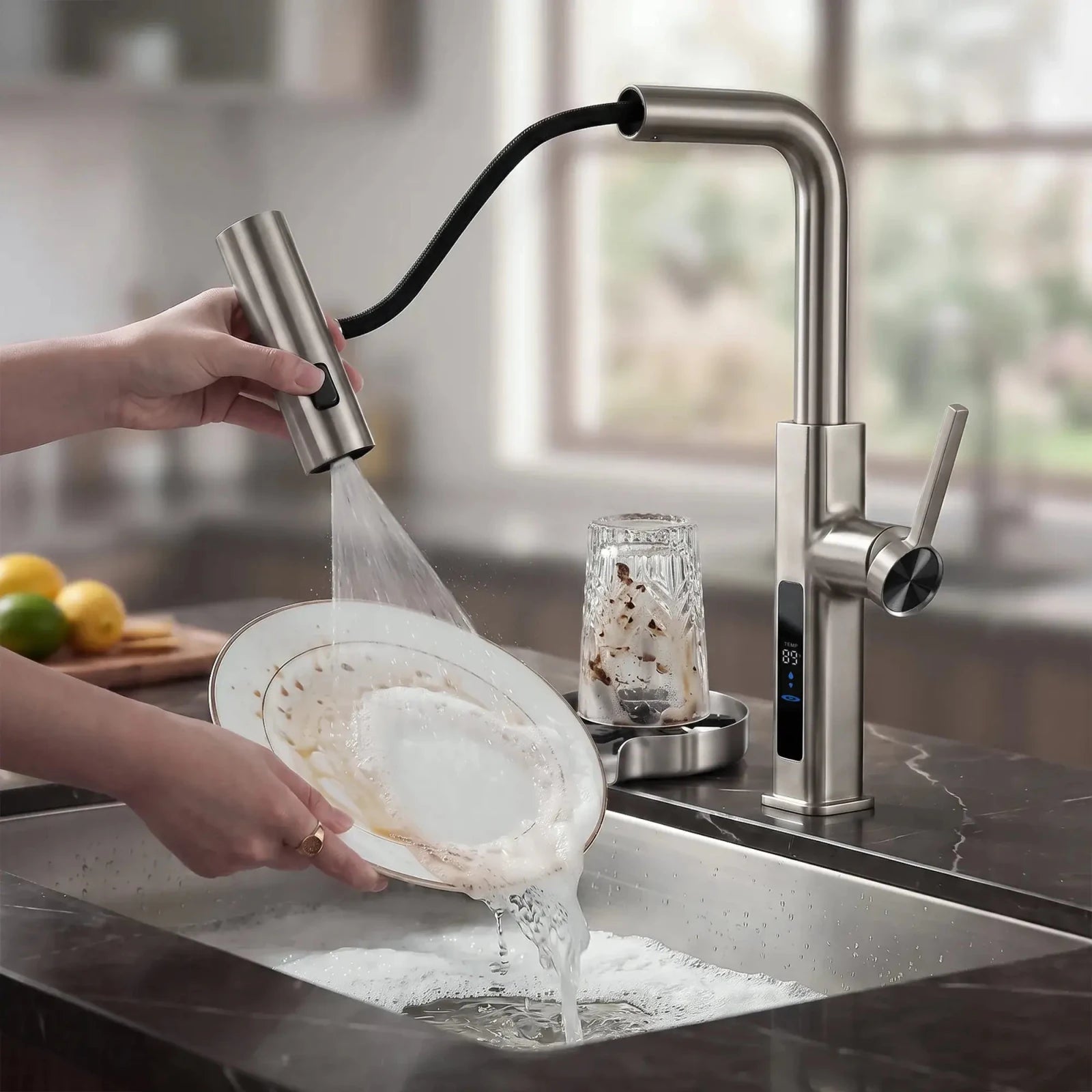 Lefton Waterfall Kitchen Faucet-KF2209 with Countertop Glass Rinser-KFR2202 -Kitchen Faucets & Glass Rinser- Lefton Home