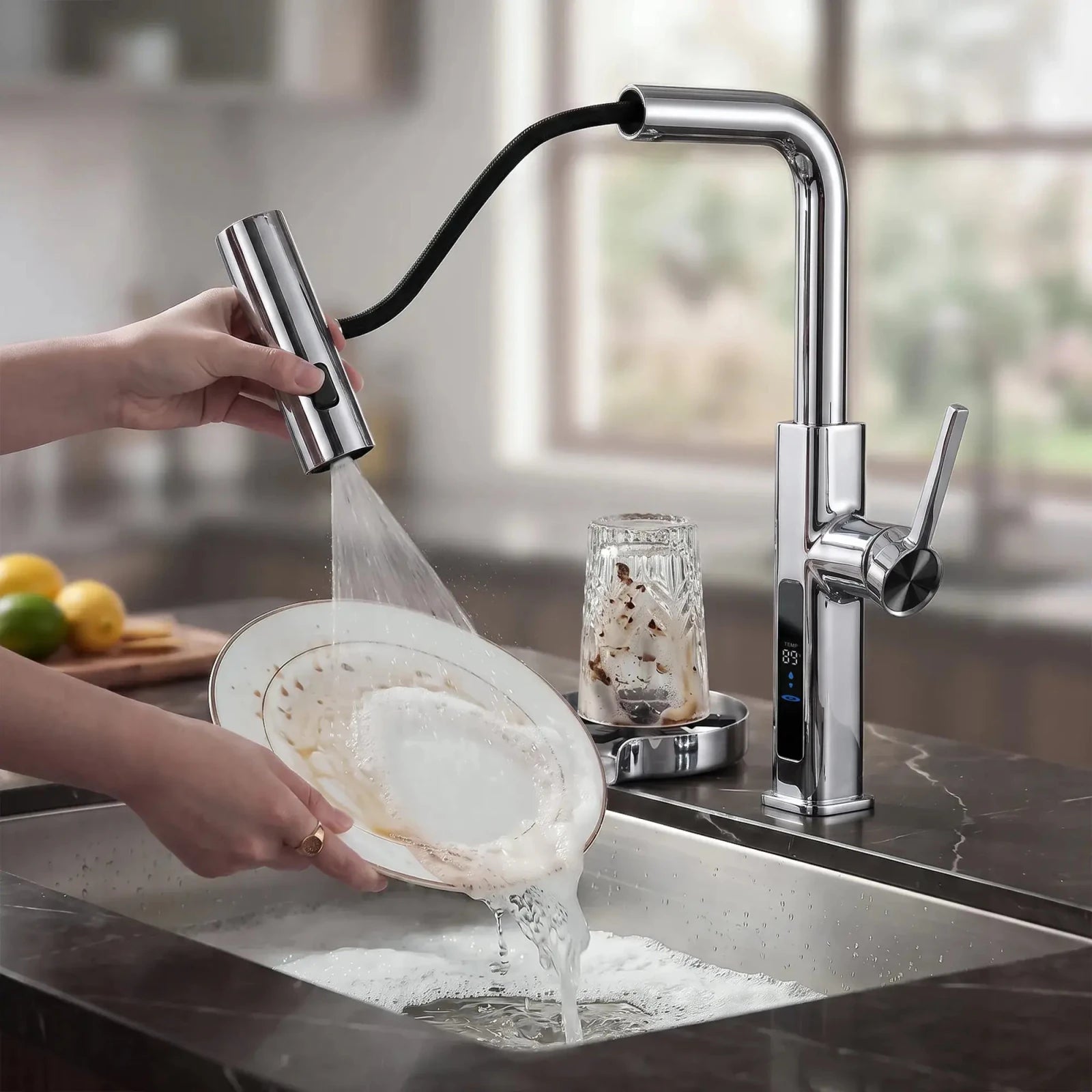 Lefton Waterfall Kitchen Faucet-KF2209 with Countertop Glass Rinser-KFR2202 -Kitchen Faucets & Glass Rinser- Lefton Home
