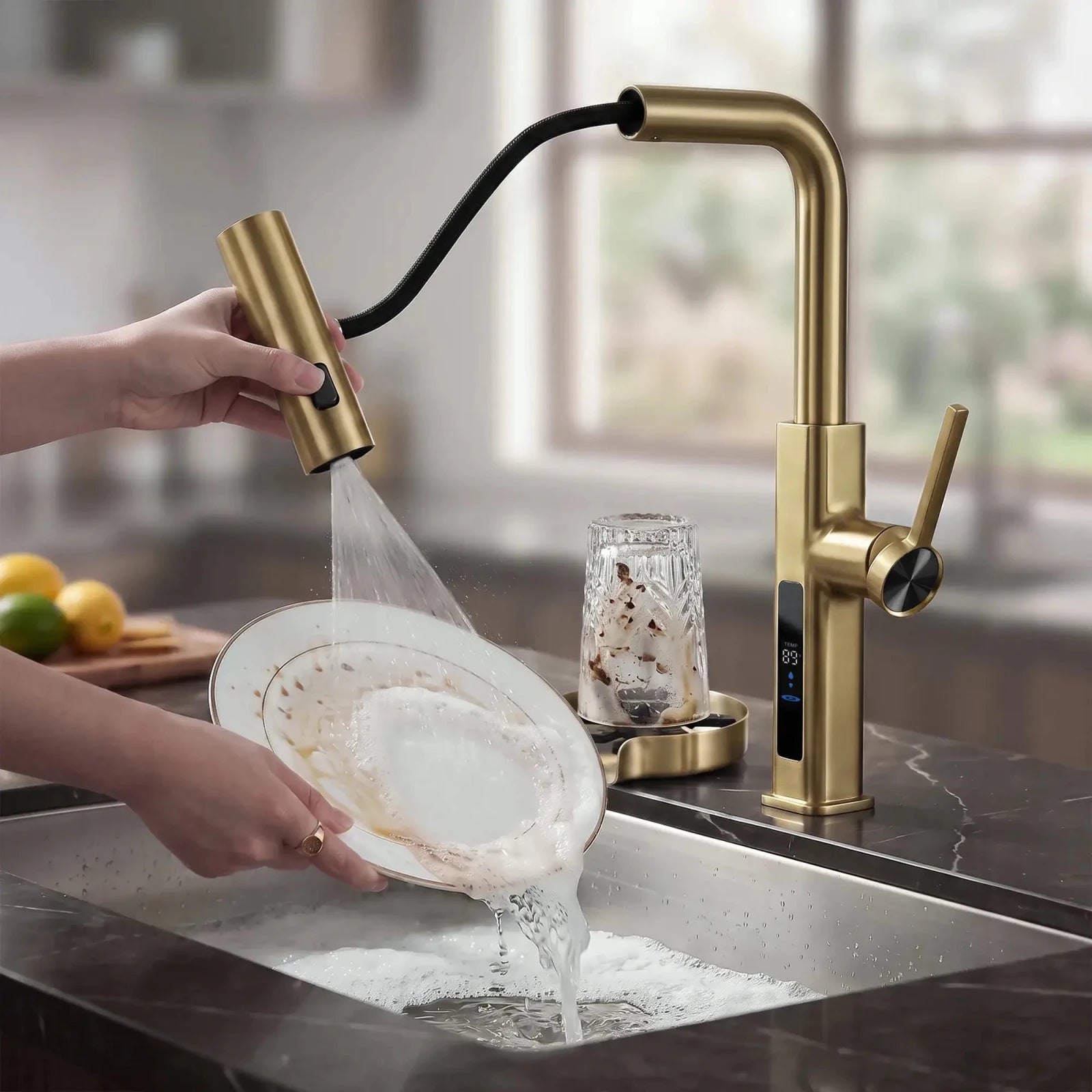 Lefton Waterfall Kitchen Faucet-KF2209 with Countertop Glass Rinser-KFR2202 -Kitchen Faucets & Glass Rinser- Lefton Home