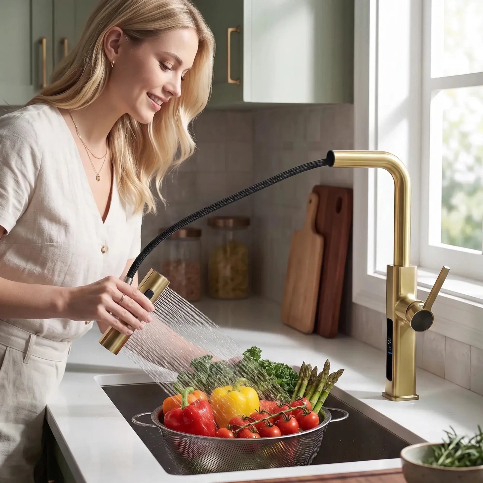 Lefton Waterfall & Pull-Out Kitchen Faucet with Temperature Display-KF2209 -Kitchen Faucets- Lefton Home